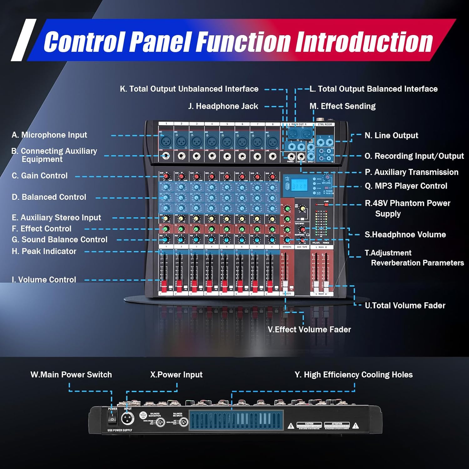Professional 8-Channel Audio Mixer, Audio Interface, Bluetooth Studio Audio Mixer Live Sound Mixing Console with USB, Music Recording Equipment with 48V Phantom Power RCA Input XLR