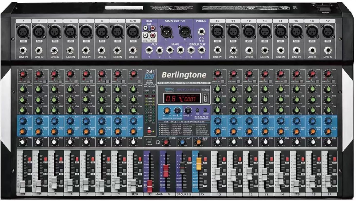 -Berlingtone,16 Channel Professional Bluetooth Studio Audio Mixer - DJ Sound Controller, USB MP3 Player, PC Recording,14 Microphone Jack, 48V Phantom Power, 24BIT Digital Effect, Unpowered (BR-16MX)