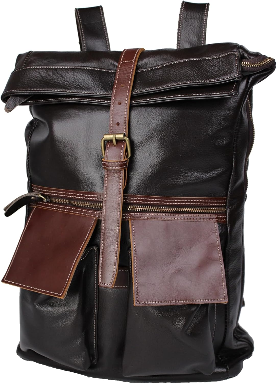 Full-Grain Leather Backpack for Men - Roll-Top Expandable Design, Fits 16