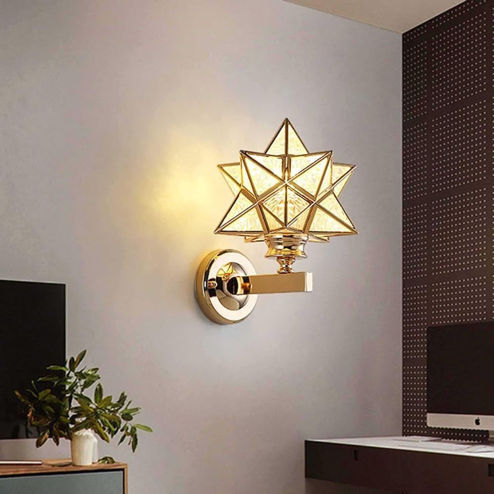 Moravian Star Wall Light Fixture, Gold Wall Sconces Set of 2 Modern Vanity Lighting Fixtures with Clear Shade, Indoor Metal Wall Mount Lamp for Living Room Bedroom Kitchen Hallway Mirror