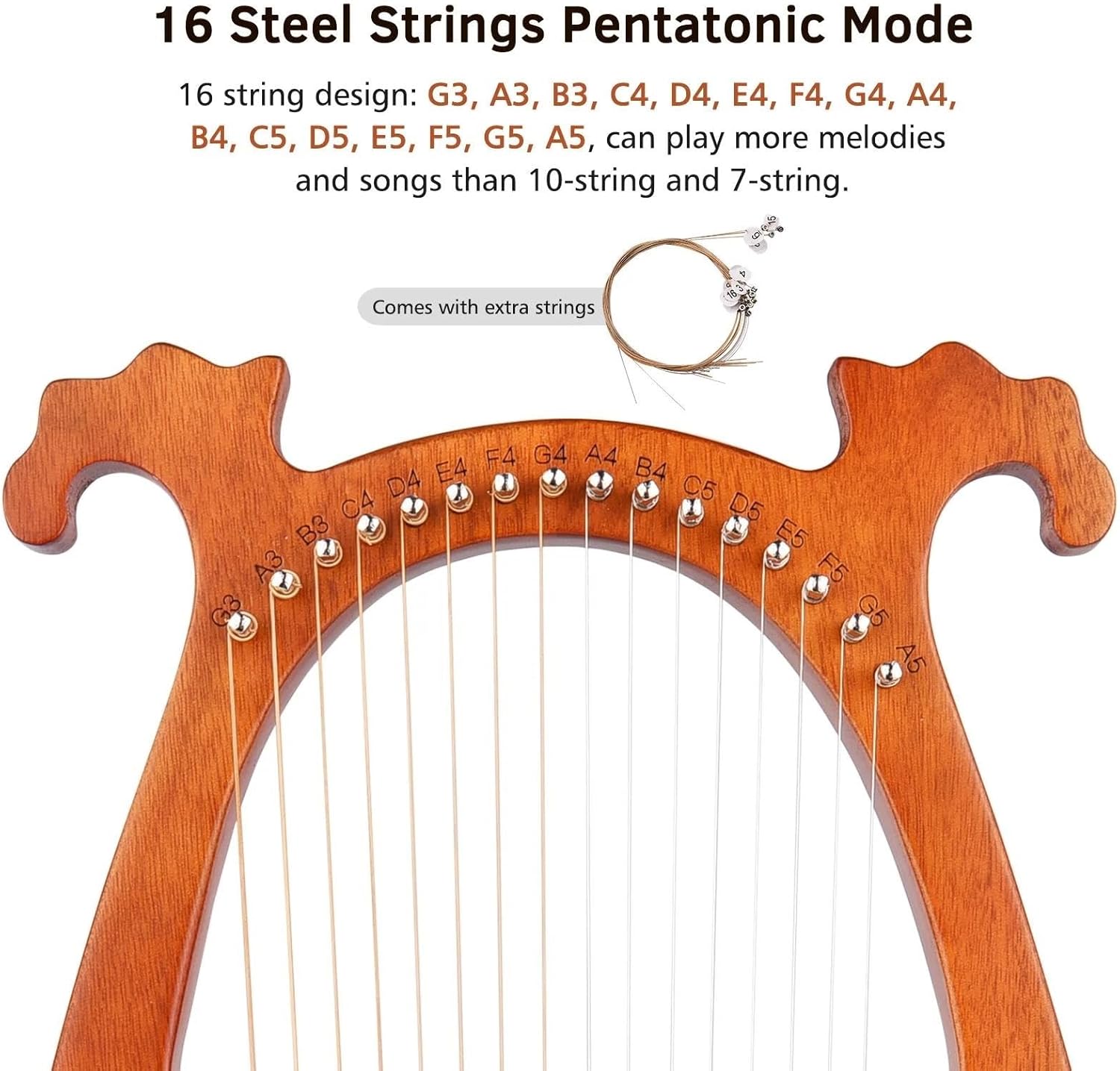 Lyre Harp Set 16 Strings Lyre Harp Solid Wood Strings Instrument Pattern Tuning Hammer Strings Cloth Picks For Beginners
