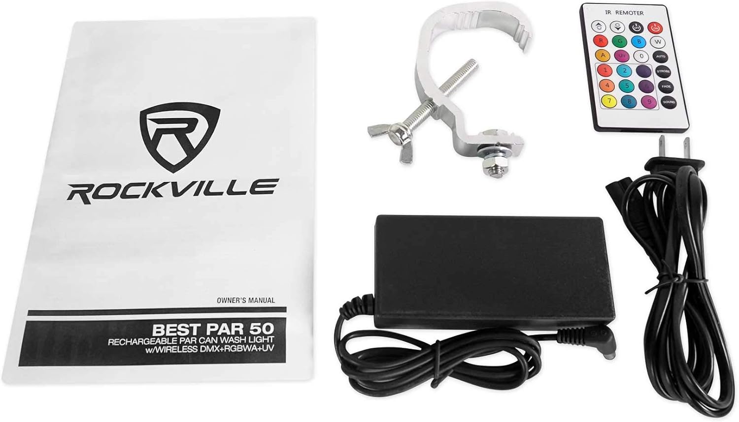 Rockville Best PAR 50 Bundle: (2) Rechargeable Par Can Wash Lights w/Wireless DMX, RGBWA+UV, ROCKFORCE W2 192-Channel 10W Wireless 2.4GHz DMX Lighting Controller, 3-Items