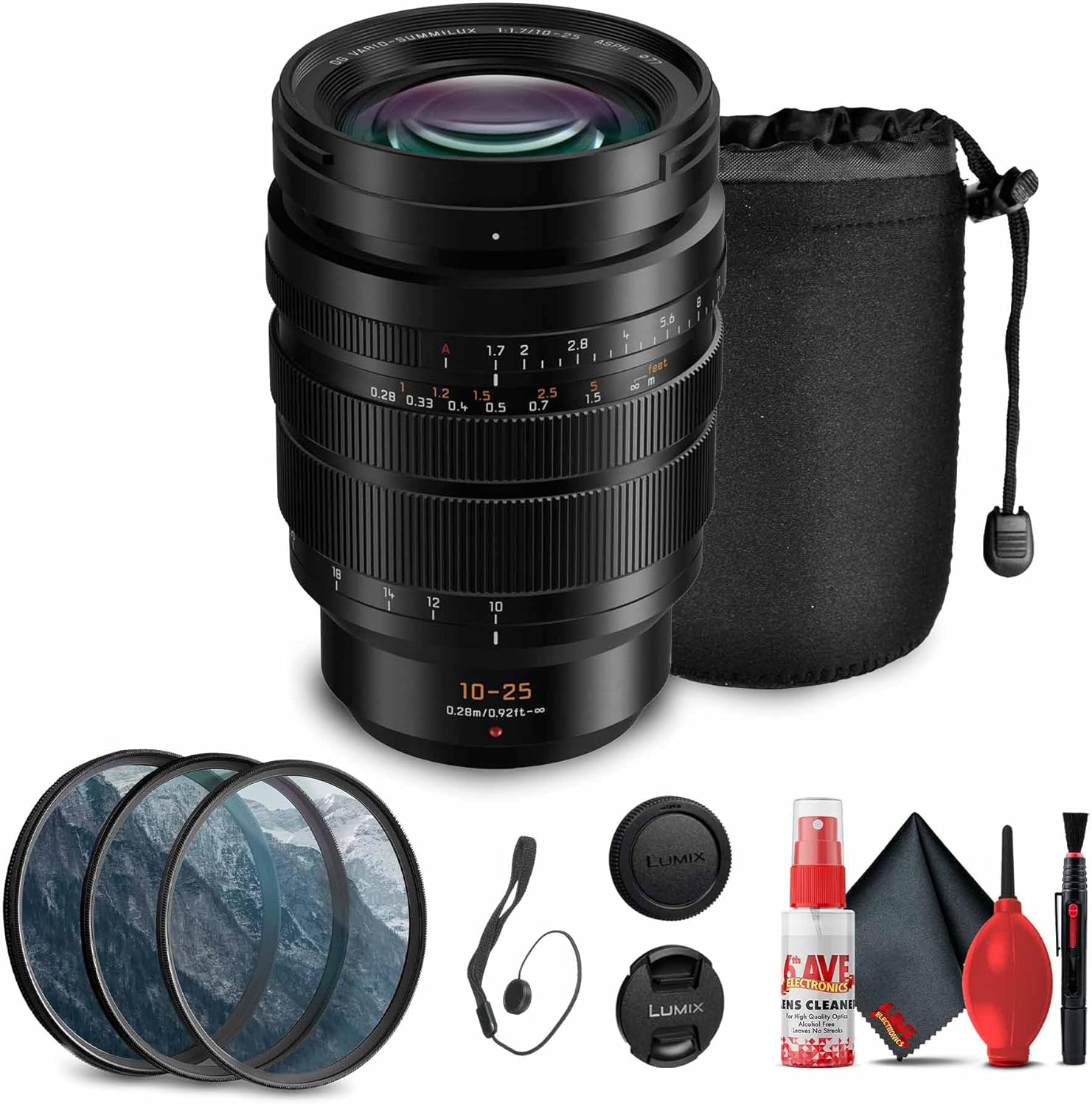 Panasonic Leica DG Vario-Summilux 10-25mm Lens (H-X1025) Bundle Including: Lens Pouch, 3-Piece Filter Kit, Lens Caps, Cap Keeper, Full Cleaning Kit