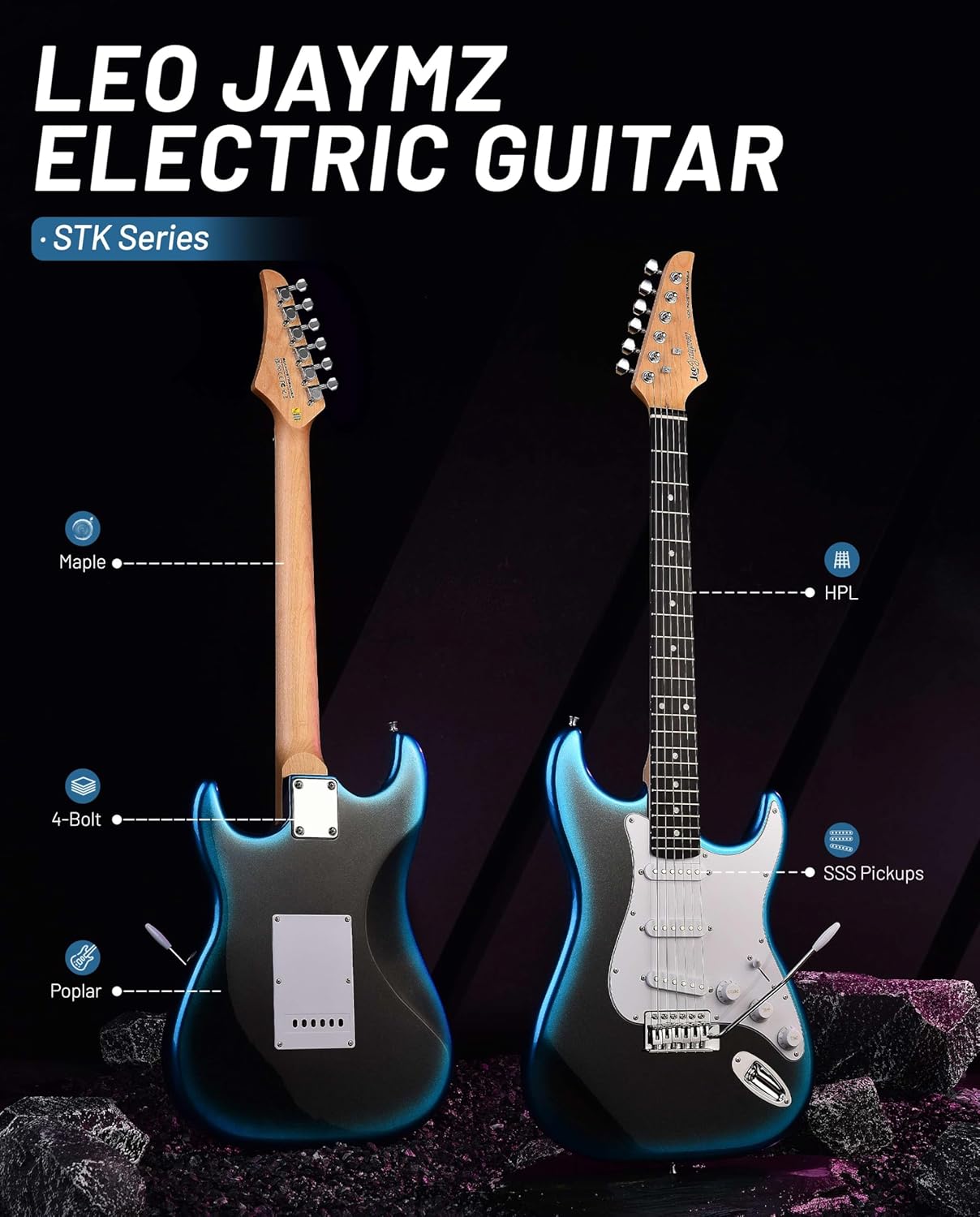 Leo Jaymz Beginner Electric Guitar Complete Kit with Portable Amp, Padded Gig Bag & Full Accessories, Maple Neck SSS Pickups (Blue-Black Fade)