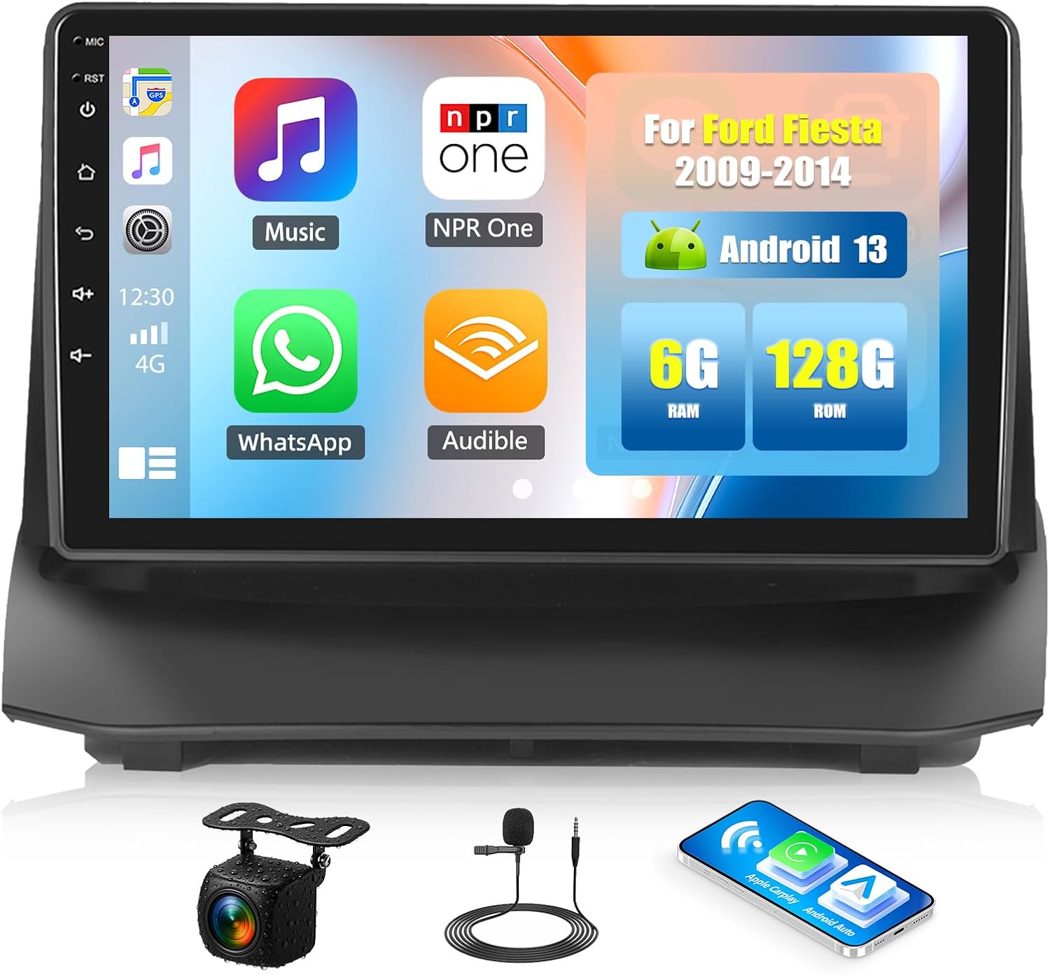 SIXWIN Android 13 6G+128G Car Stereo for Ford Fiesta 2009-2014 9 Inch Touch Screen Car Radio with CarPlay Android Auto Bluetooth Weather Forecast 59UI GPS Navigation WiFi Network Radio 32EQ