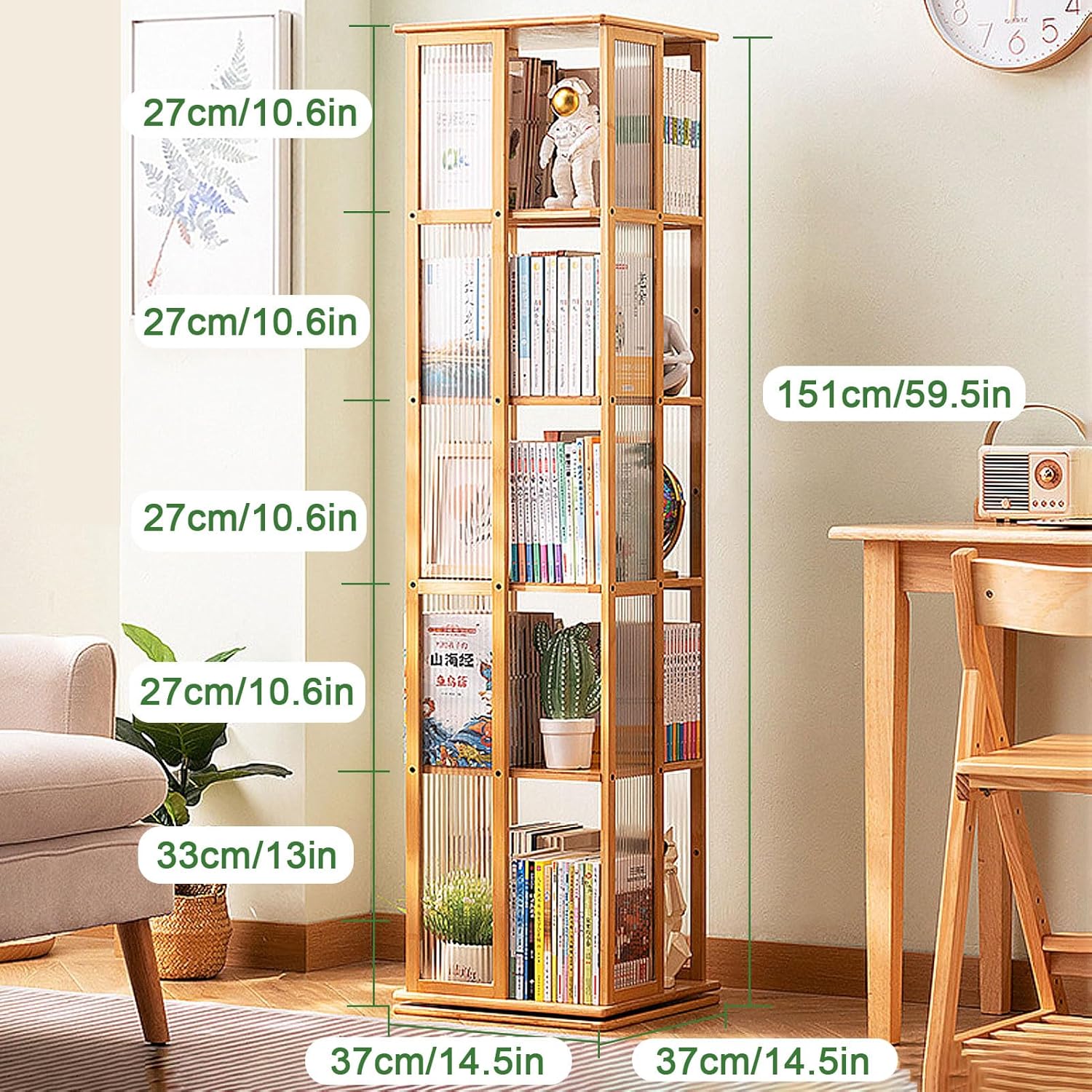 ARMERI Rotating Bookcase, 6 Tier Swivel Bookcase Bamboo Bookshelf, 360 Display Floor Standing Bookcase Corner Storage Organizer, Rotating Bookshelf Tower for Bedroom, Living Room,Brown,5 Tier