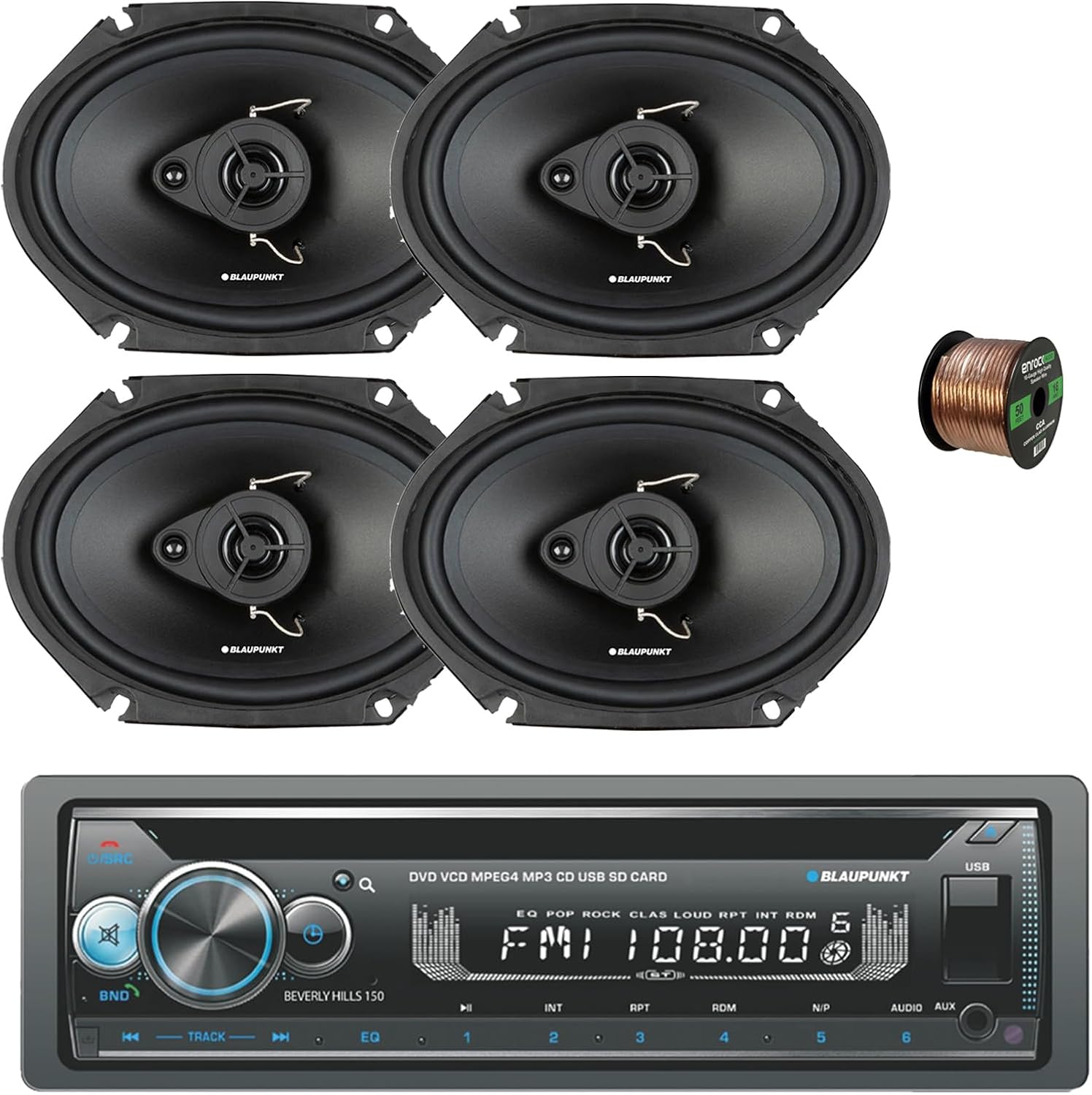 Blaupunkt Beverly Hills 150 Single DIN Bluetooth DVD/CD Stereo Receiver, 4X 6x8 60 Watt Max 3-Way Car Speakers w/Wire