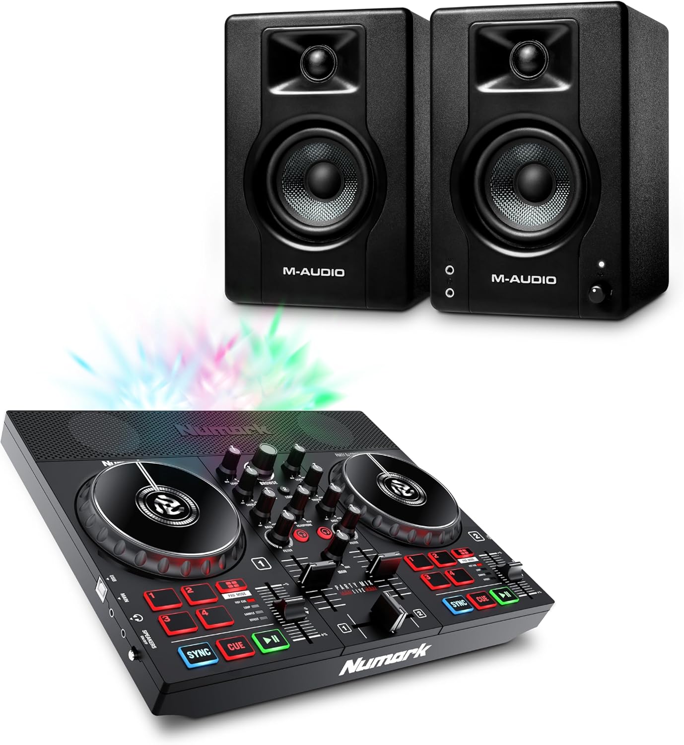 Numark Party Mix Live DJ Controller and M-AUDIO BX3 Pair Studio Monitors for Studio Recording, Music Production, Podcasting, Streaming