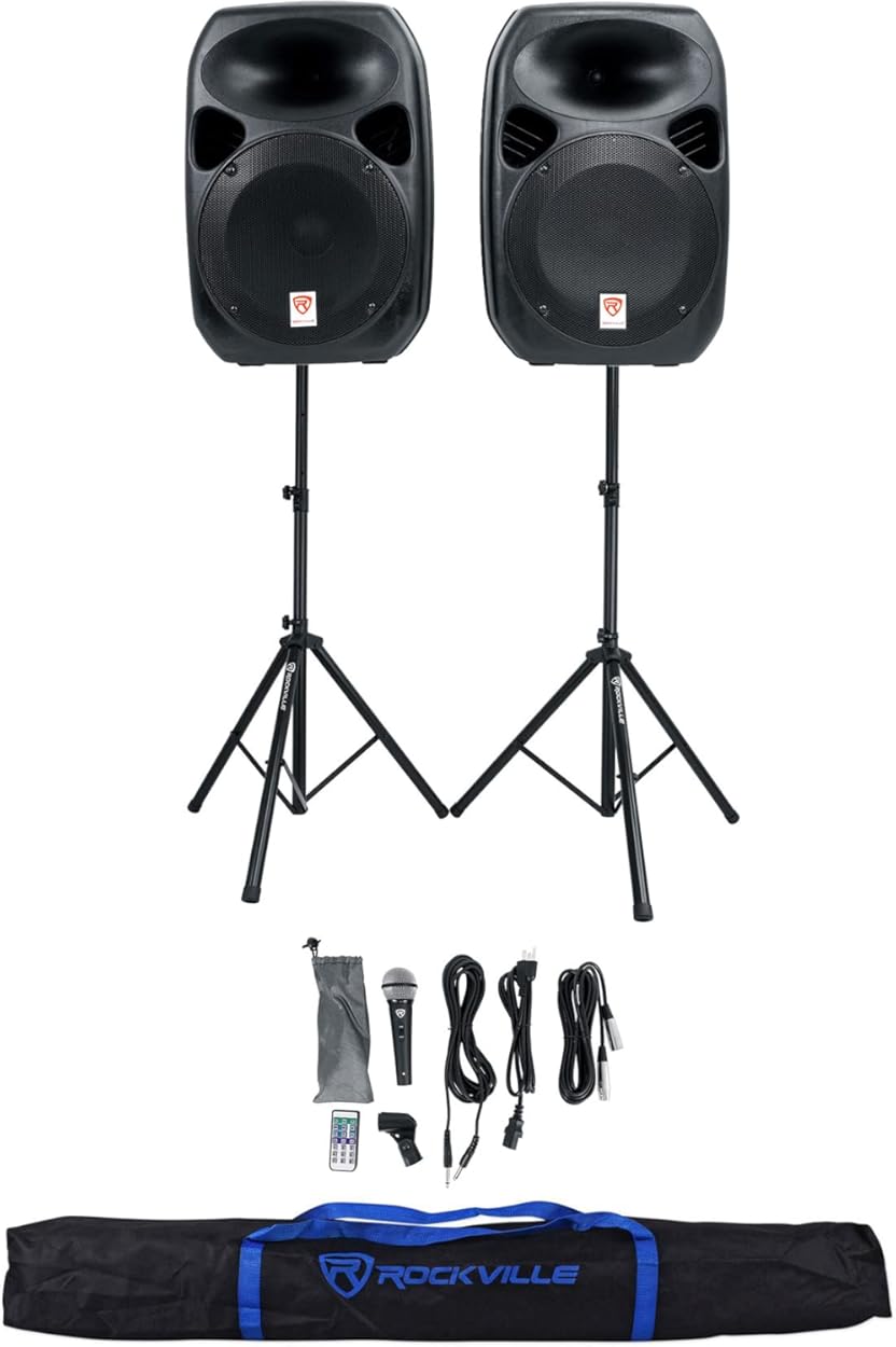 Rockville RPG122K Bundle: Dual 12-in Powered Speakers with Bluetooth, Microphone, Stands, and Cables, RVSS4A Zippered Heavy-Duty Carry Bag with Handles for Speaker Stands, 2-Items