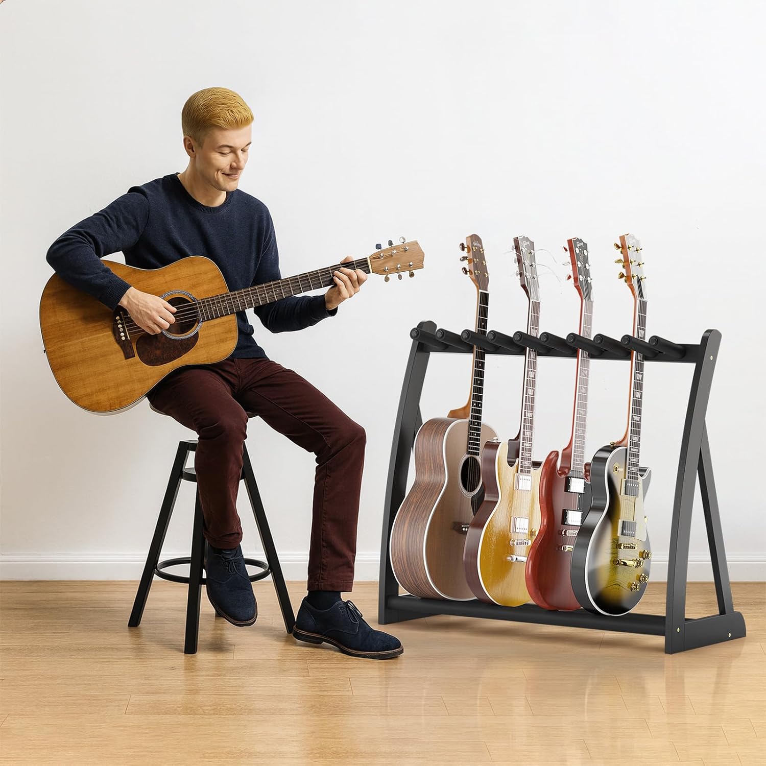 Multi Guitar Stand Heavy Duty - Wood Floor Stand for Electric Guitar and Bass, Adjustable Non-Slip Guitar Rack, Holds Multiple Guitars & Basses (Electric Guitar Stand, Bass Stand, Wood Guitar Stand)