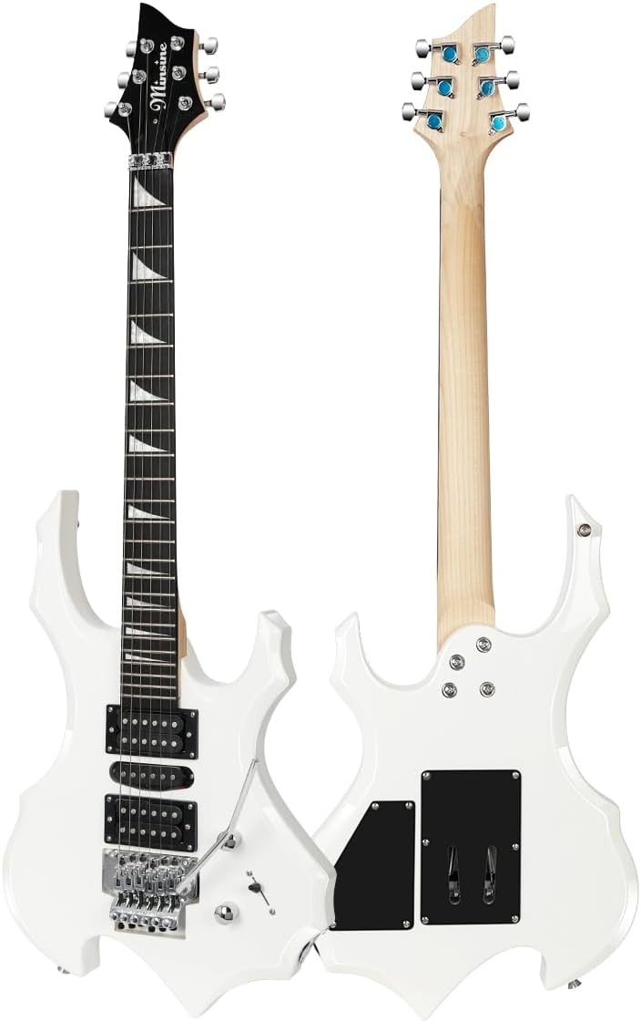 Electric Guitar Kit Flame Design with Rosewood Fretboard, Tremolo Bridge, HSH Pickups – Perfect for Beginners & Pros Solid Body Guitar MS200 (White)