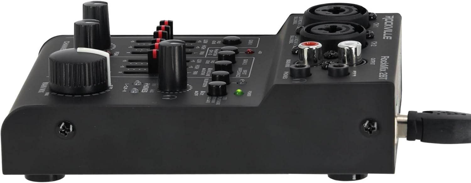 Rockville Bundle: RockMix 2BT Recording Mixer Bundle with (2) RCM03 Mics and (2) PRO-M50 Headphones and RHPA4 Amp & TS1224 Cable and (2) RDTS Stands (9 Items)