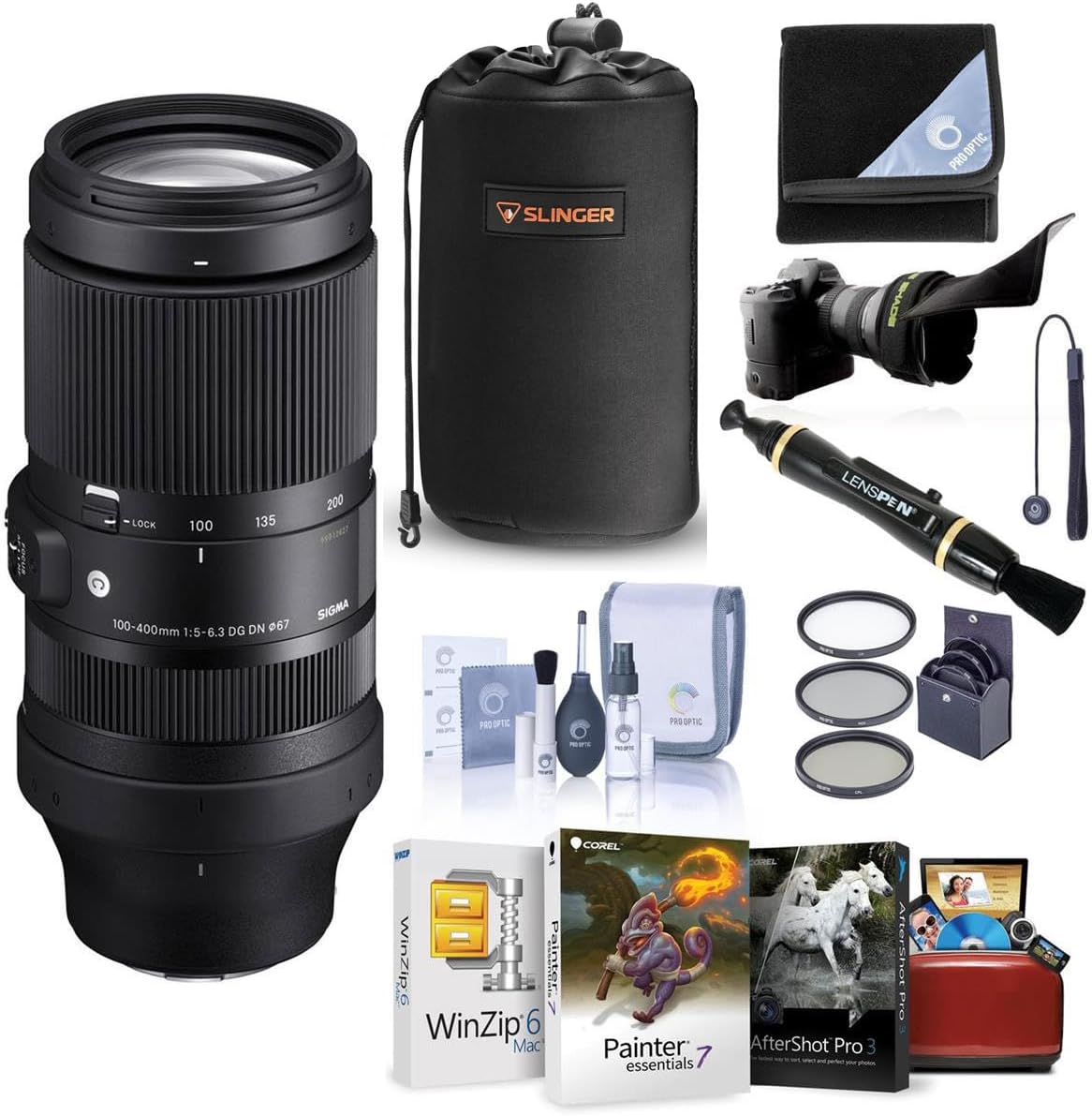 Sigma 100-400mm f/5-6.3 DG DN OS Contemporary Lens for Sony E, Bundle with 67mm Filter Kit, Mac Software Kit, Cleaning Kit, Flex Lens Shade, Lens Cap Tether, Cleaner, Lens Pouch