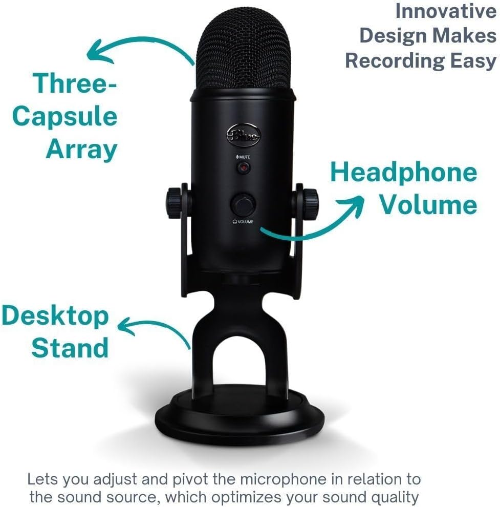 Blue Yeti Microphone (Blackout) Bundle with Boom Arm Stand, Pop Filter and Shock Mount (4 Items)