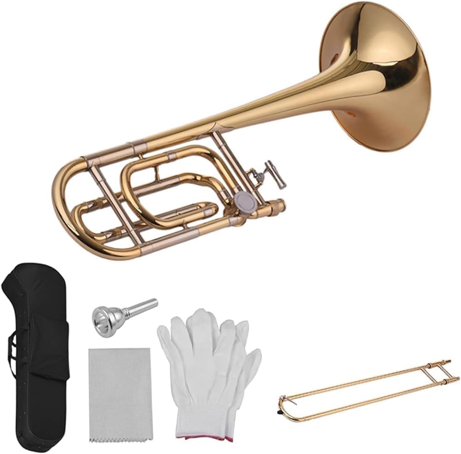 Intermediate Bb Flat Tenor Slide Trombone with F Attachment, Brass Trombone, with Gloves Cleaning Cloth Trumpet Set (A)