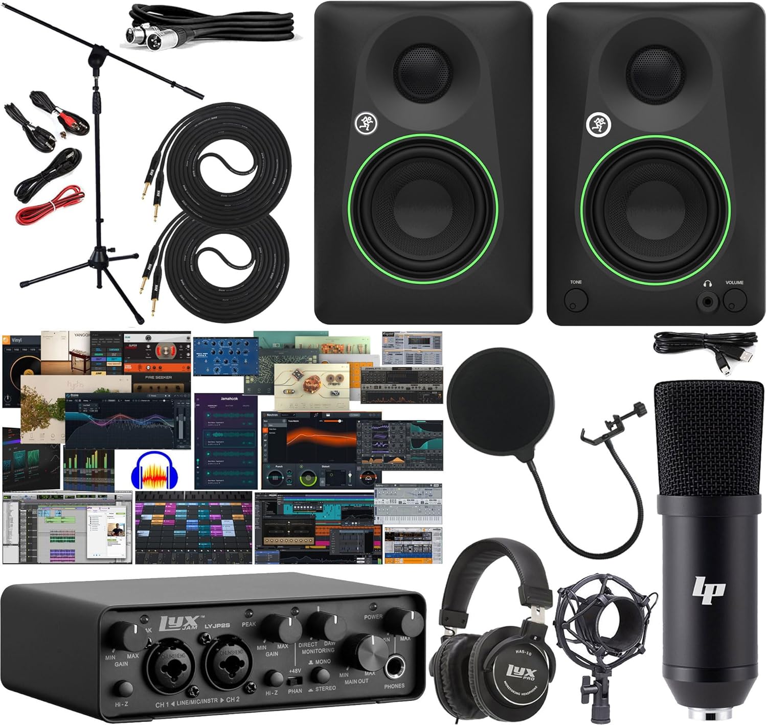 2x2 USB Audio Interface Studio Bundle with LP Condenser Microphone, Headphones, Mackie CR3.5 3.5