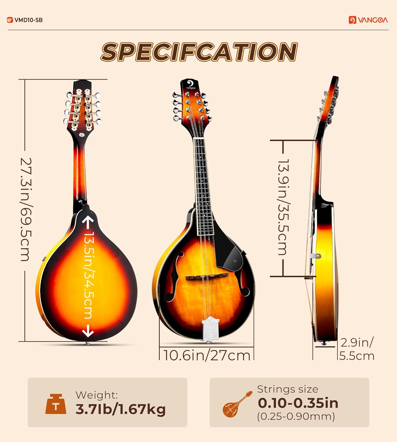 Vangoa Mandolin Musical Instrument A Style, Acoustic Mandolin Instrument Kit Italian 8 String for Professional Beginners Adults Teens Youth Kids, Sunburst, Glossy