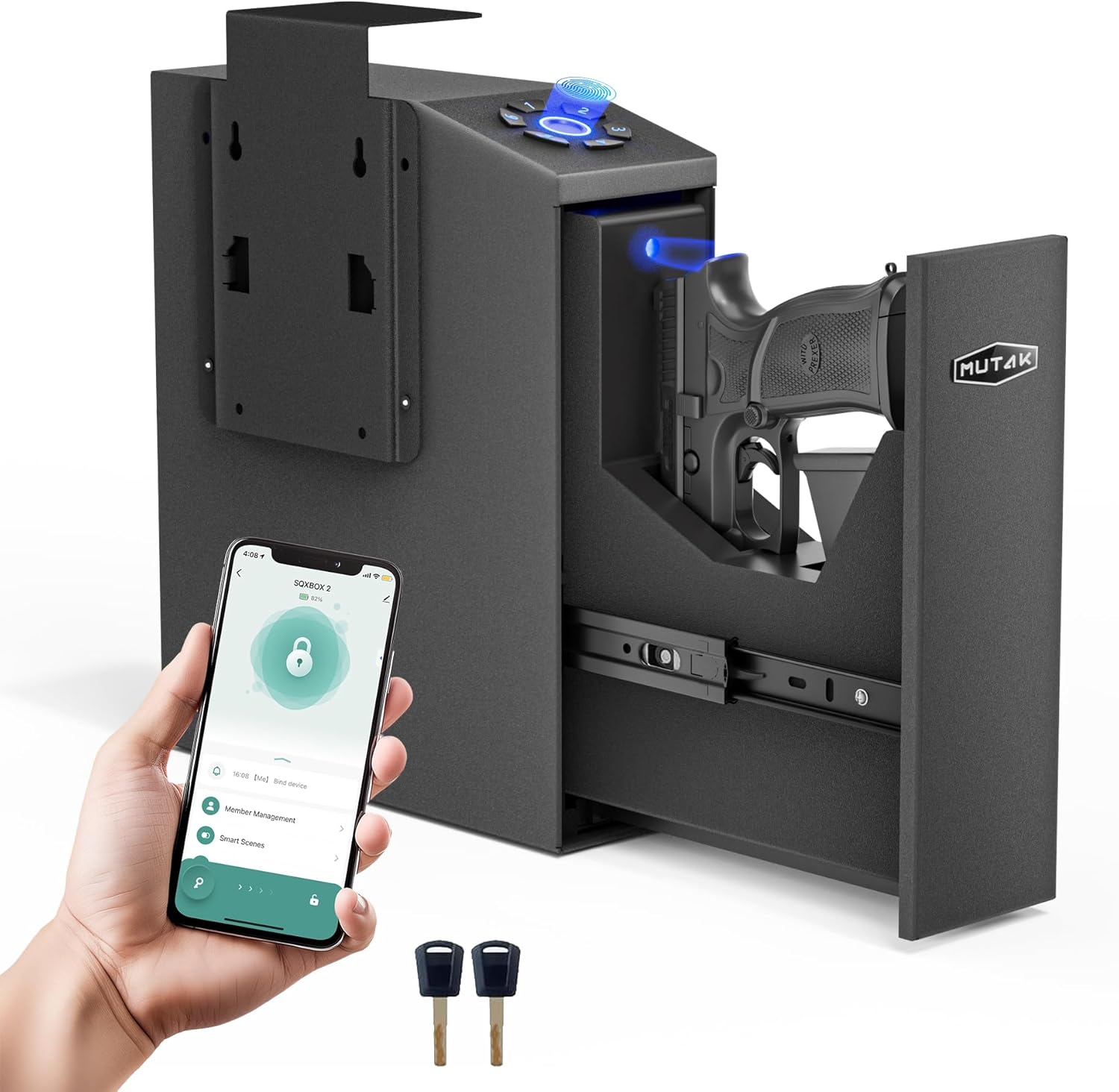 Gun Safe for Handgun, Slider Biometric Pistol Safe, 4 Ways Quick Access with APP/Fingerprint/PIN Code/KEY, Single GunSafe for Nightstand Bedside Home,Wall, Dresser