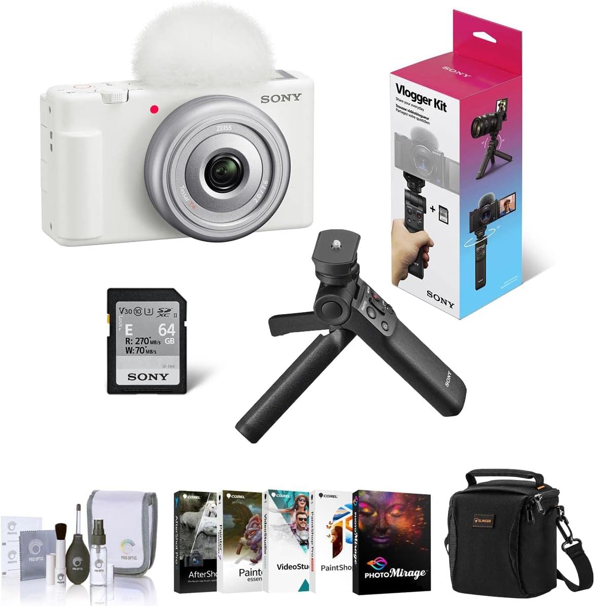 Sony ZV-1F Vlogging Camera, White Bundle with ACCVC1 Vlogger Accessory Kit, Corel PC Software Kit, Shoulder Bag, Cleaning Kit