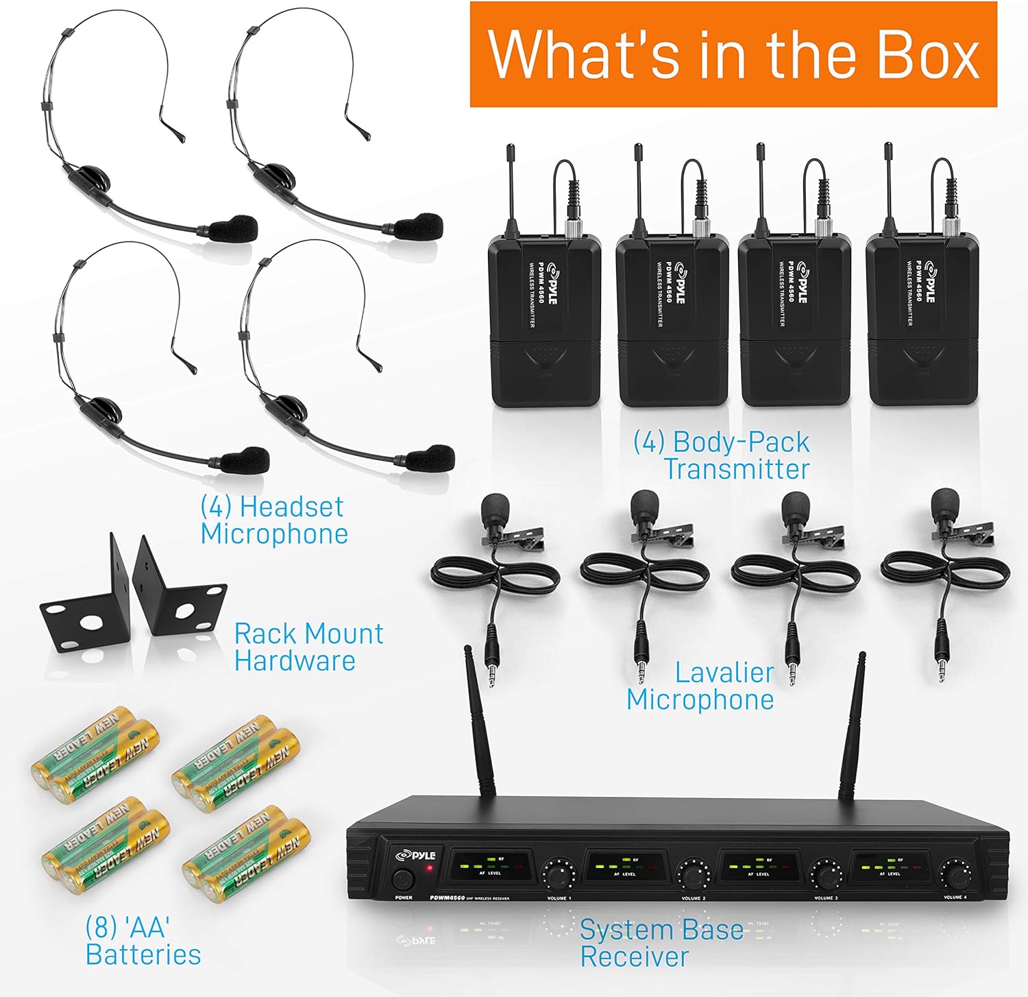 Pyle 4 Channel UHF Wireless Microphone System & Rack Mountable Base 4 Headsets, 4 Belt Packs, 4 Lavelier/Lapel MIC With Independent Volume Controls AF & RF Signal Indicators (PDWM4560),Black