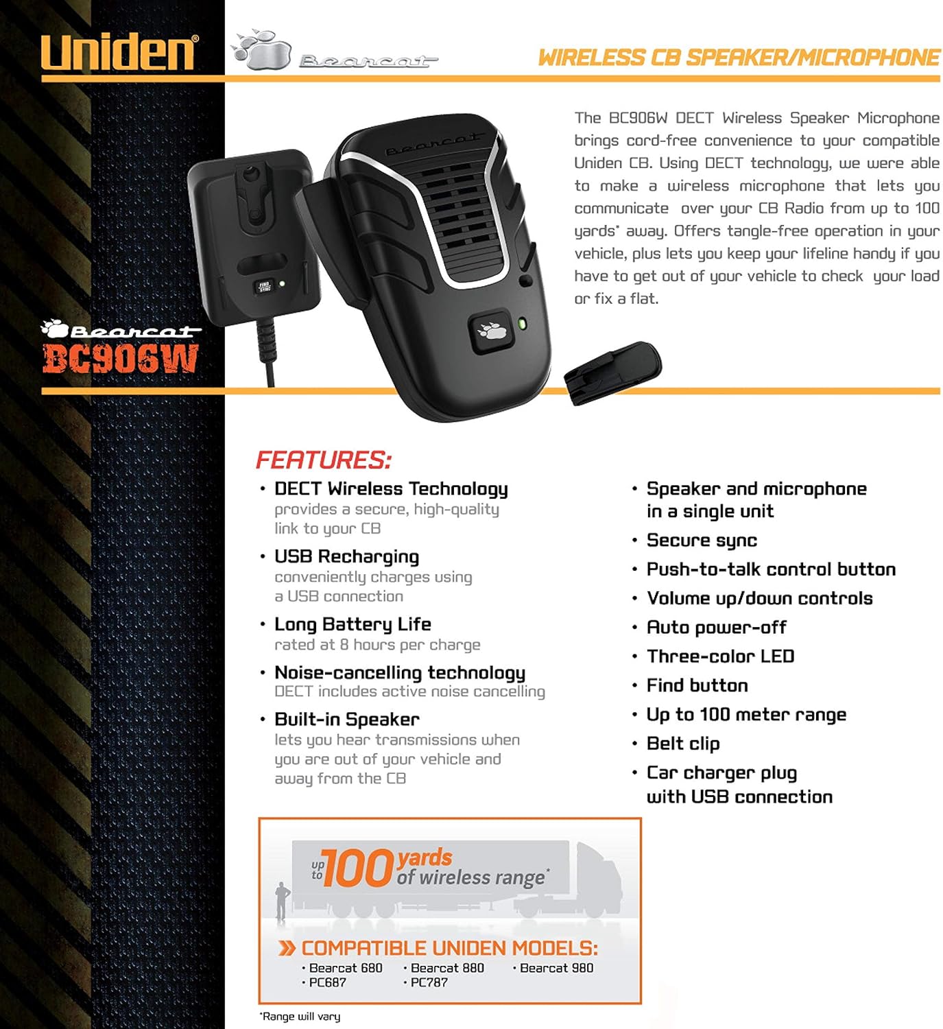 Uniden BC906W Wireless CB Microphone and Speaker in a single unit, Up to 100 Yard Range, Smart Power Save, Active Noise-Canceling Technology, Clear Quality Sound,Black