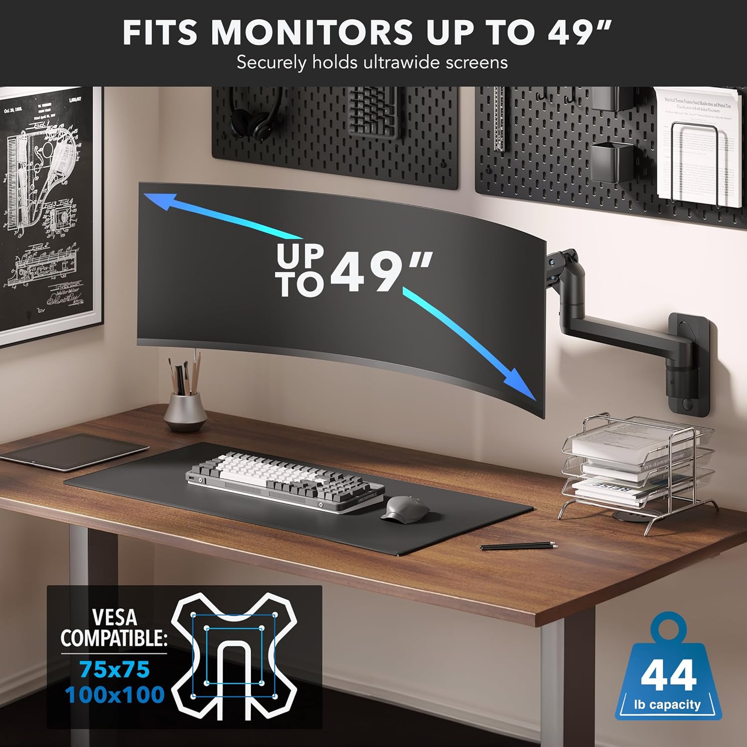 Mount‑It! Heavy‑Duty Wall Mount Arm for 49″ Curved & Ultrawide Monitors, Gas‑Spring Full Motion, 23.5″ Reach, 44lb Capacity, VESA 75/100, Single‑Stud Install
