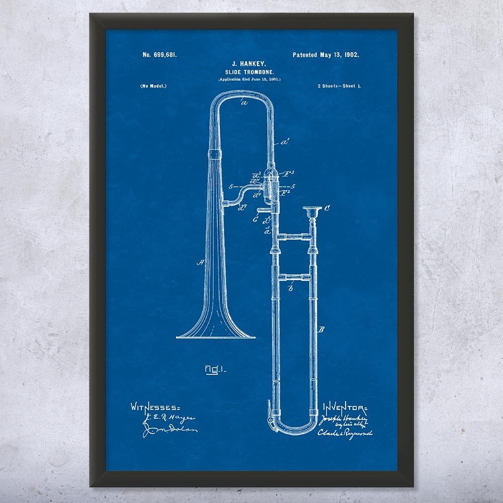 Framed Slide Trombone Print, Horn Player Gift, Trombone Wall Art, Brass Band Gift, Trombone Design, Orchestra Art Blueprint (9x12)
