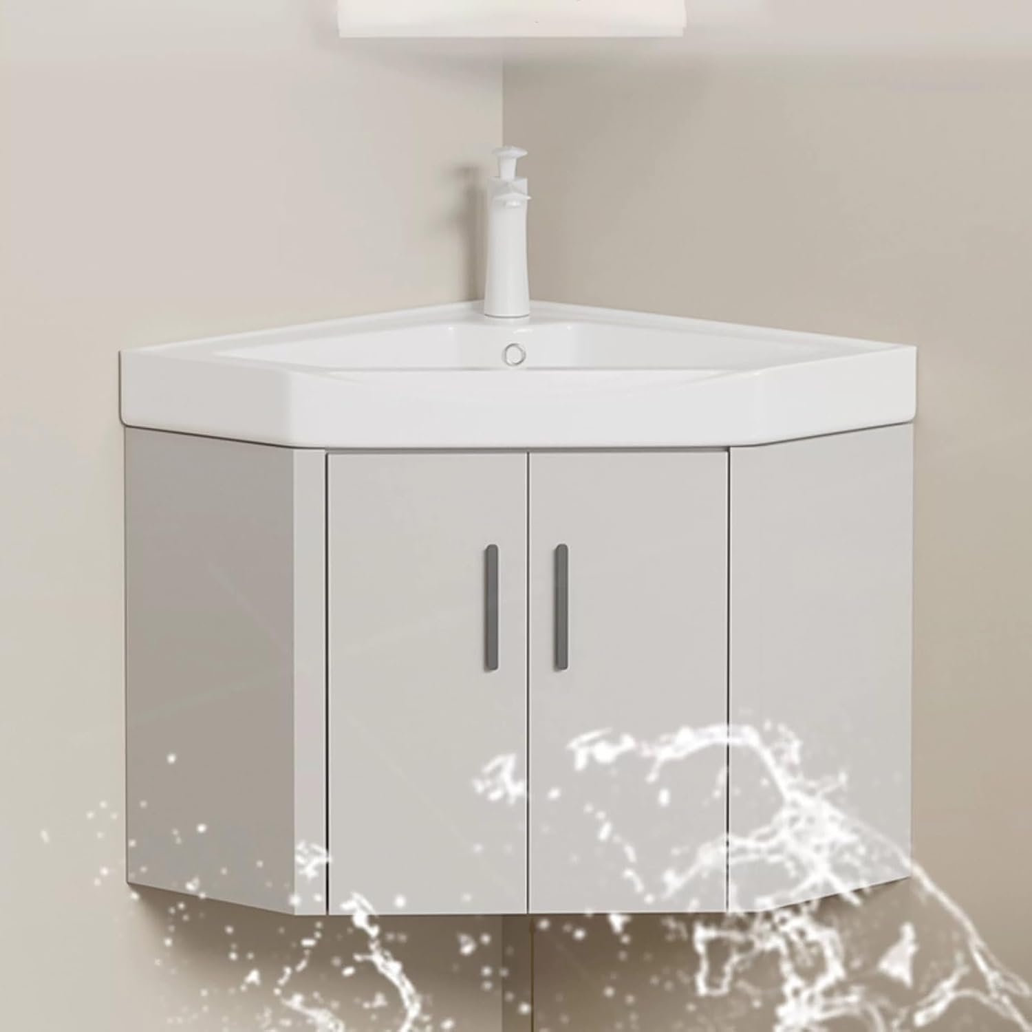 Corner Wall Mount Bathroom Sink, Corner Bathroom Sink, Corner Bathroom Vanity, Corner Ceramic Sink, Bathroom Sink with Storage Container, Gray(No Mirror)
