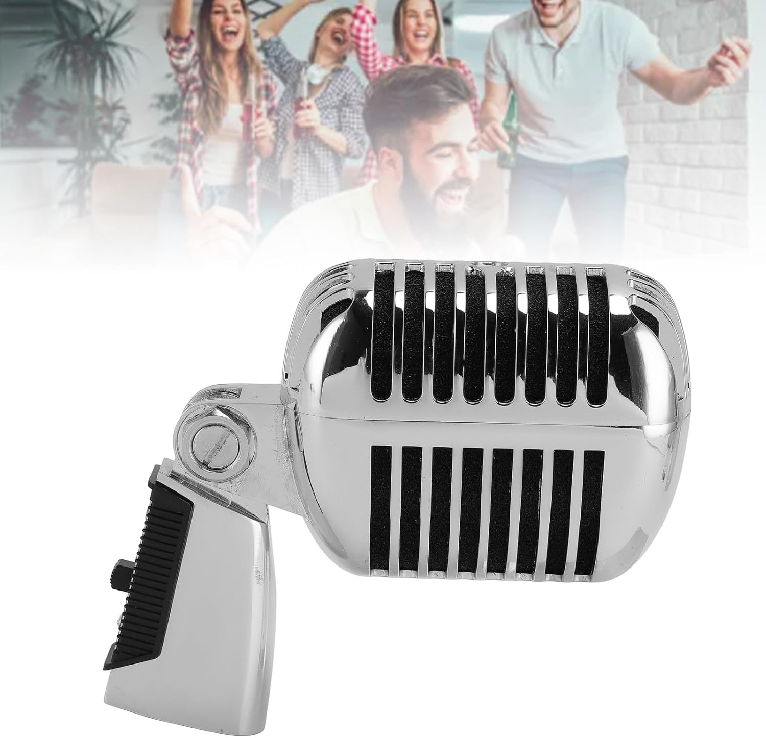 Heayzoki Retro Dynamic Vocal Microphone, Vintage Cardioid Directional Mic with Rack, Zinc Alloy Dynamic Vocal Microphone for KTV (Silver)