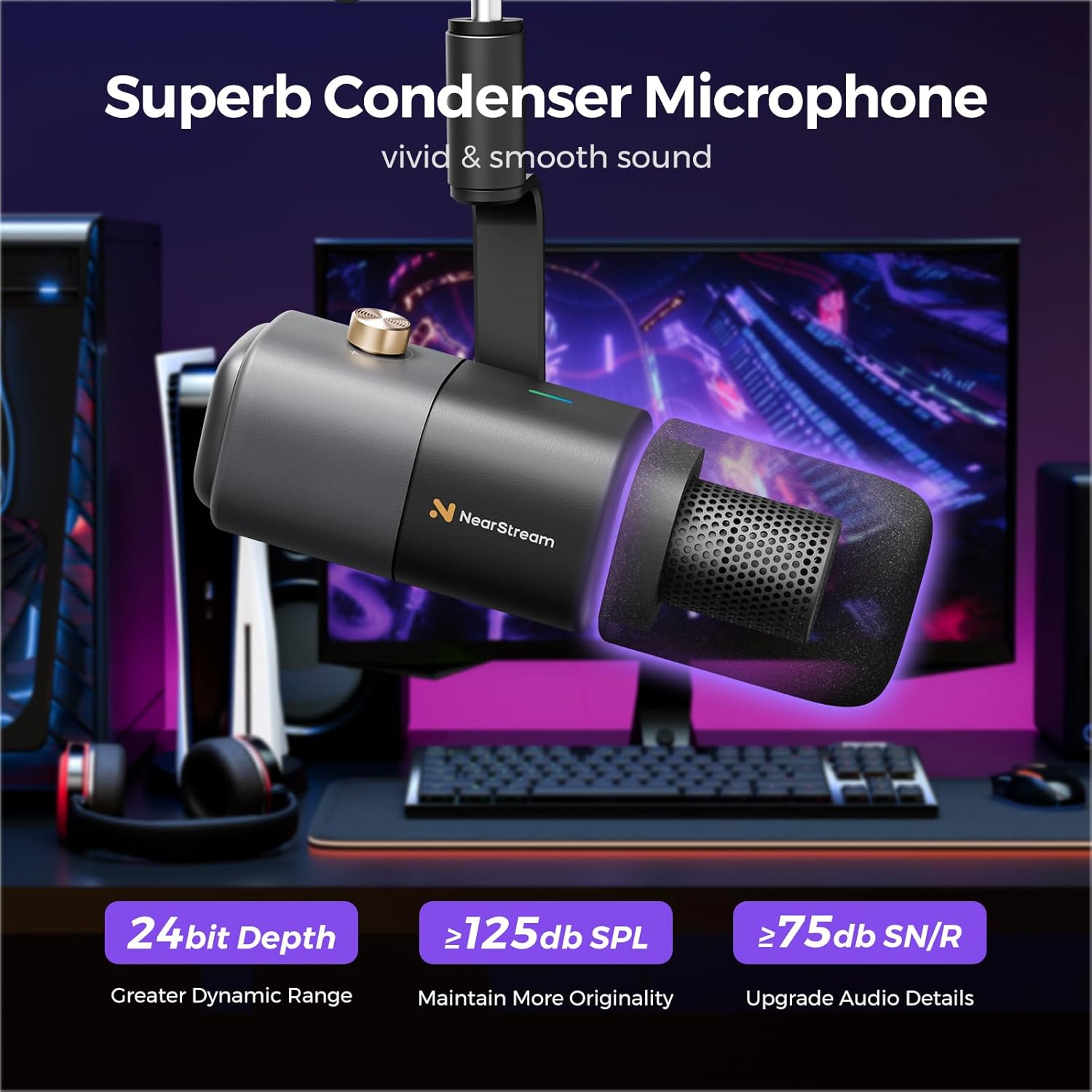 NearStream AM20X XLR/USB Condenser Microphone with Boom Arm, Podcast Mic with Gain Control/Noise Canceling/Headphone Jack/Mute Button,Compatible with PC/Mac/Audio Mixer/PS4/PS5,for Stream/Game/Record