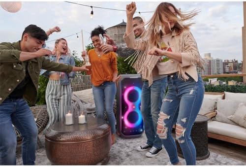 JBL PartyBox 710 -Party Speaker with Powerful Sound, Built-in Lights and Extra Deep Bass, IPX4 Splash Proof, App/Bluetooth Connectivity, Made for Everywhere a Handle Wheels (Black)