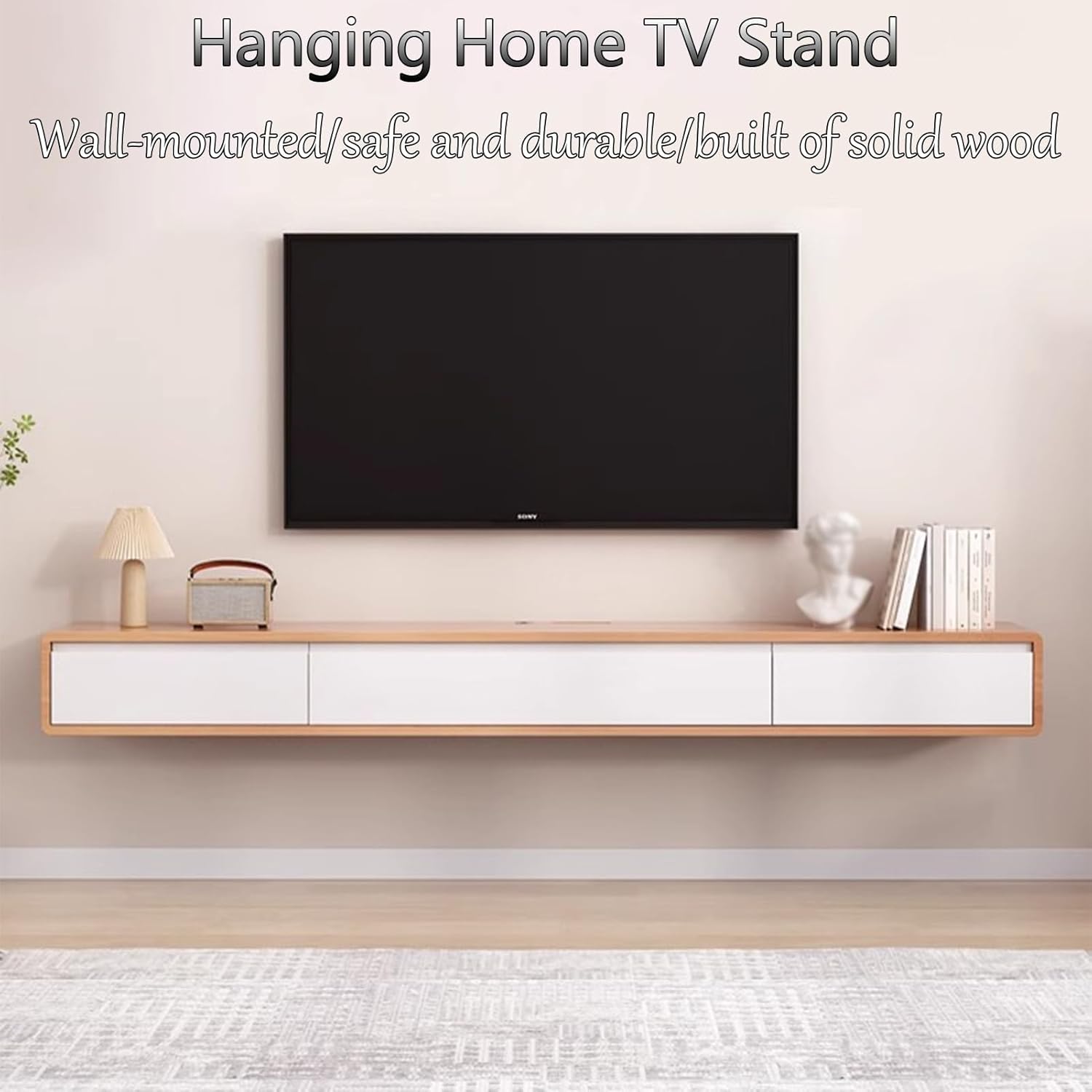 Multi-Size Floating TV Stand - Solid Wood Wall Mounted TV Unit, Multifunctional with Pre-Drilled Wiring Holes for Easy nization (Wood & White, 120x20x24cm)