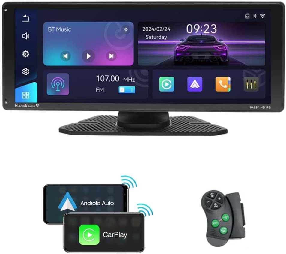 Wireless Carplay Car Stereo,Portable 10.26” Touch Screen Android Auto,HD IPS Capacitive Screen,Bulit-in YouTube,Touchscreen Car Play Screen for Car,Bluetooth,Remote Control