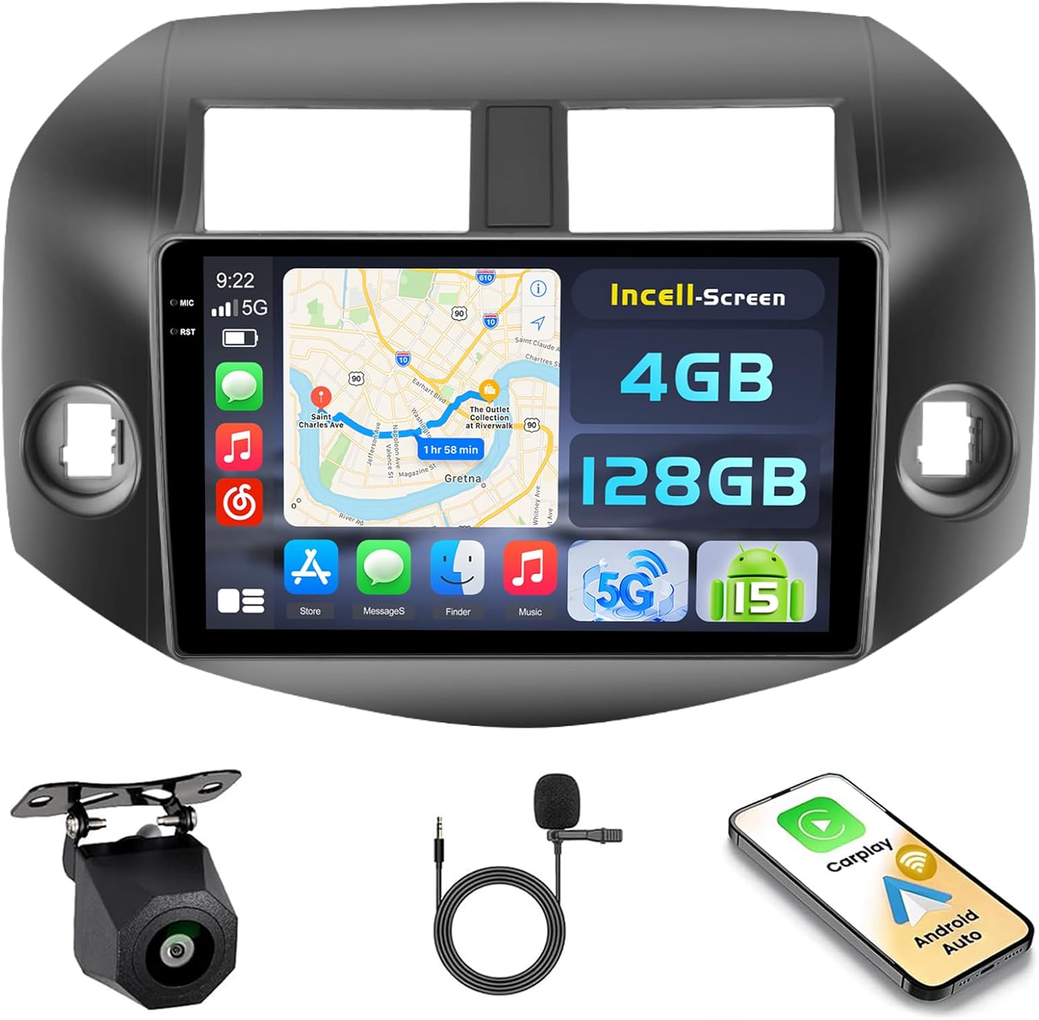 [4+128G] Android 15 Car Stereo for Toyota RAV4 2007-2012, Hikity 10'' in-Cell Touchscreen RAV4 Radio Wireless Carplay Android Auto 5G WiFi/Bluetooth/Mirror Link GPS SWC FM/RDS/EQ Backup Cam+Mic