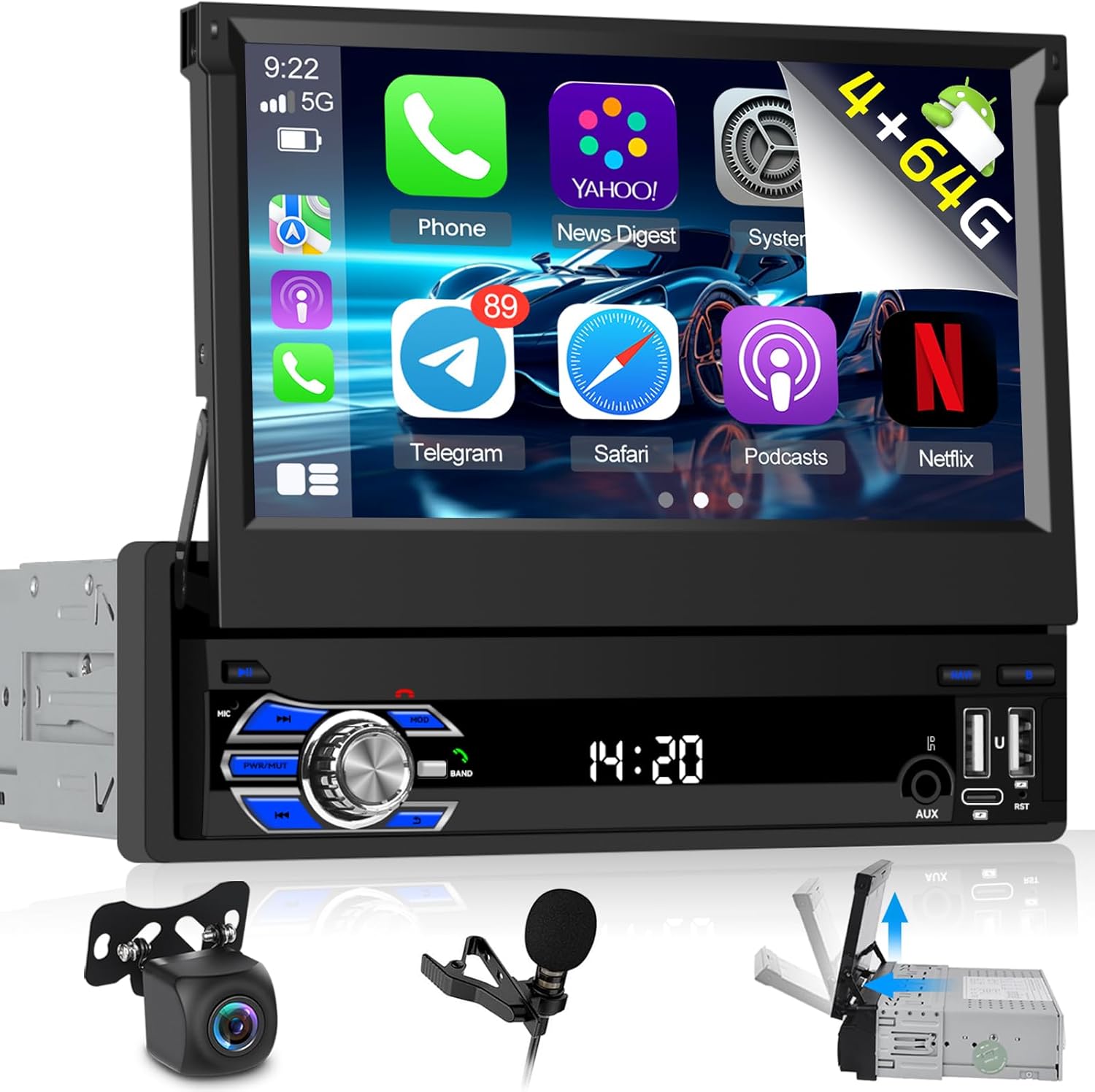 [4+64G] NHOPEEW Single Din Flip Out Touchscreen Car Stereo - 7 Inch Android Car Radio with Wireless Carplay and Android Auto - EQ Audio/GPS/WiFi/Mirror Link/SWC/Bluetooth + AHD Backup Camera