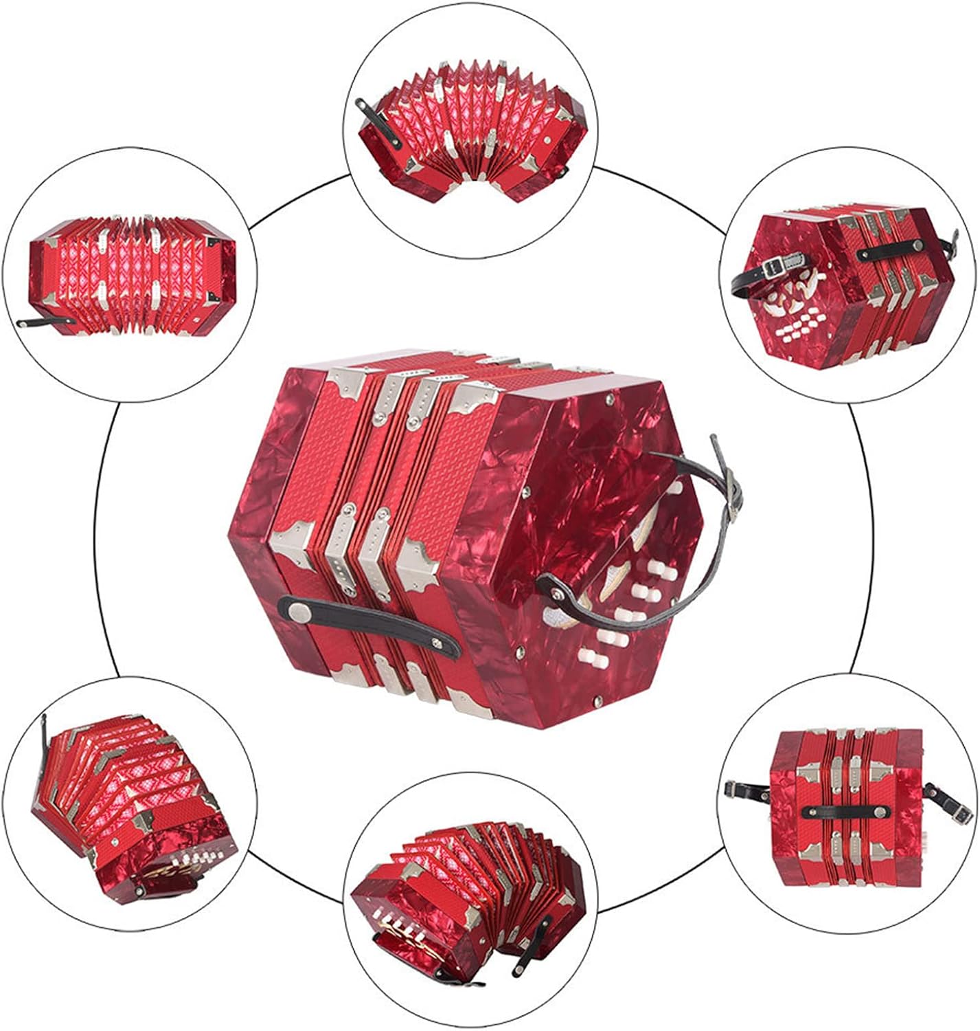 Professional Concertina, 20 Buttons Accordion with Strap and Carrying Bag Beginner Musical Instrument for Daily Practice Stage Performance(Red)