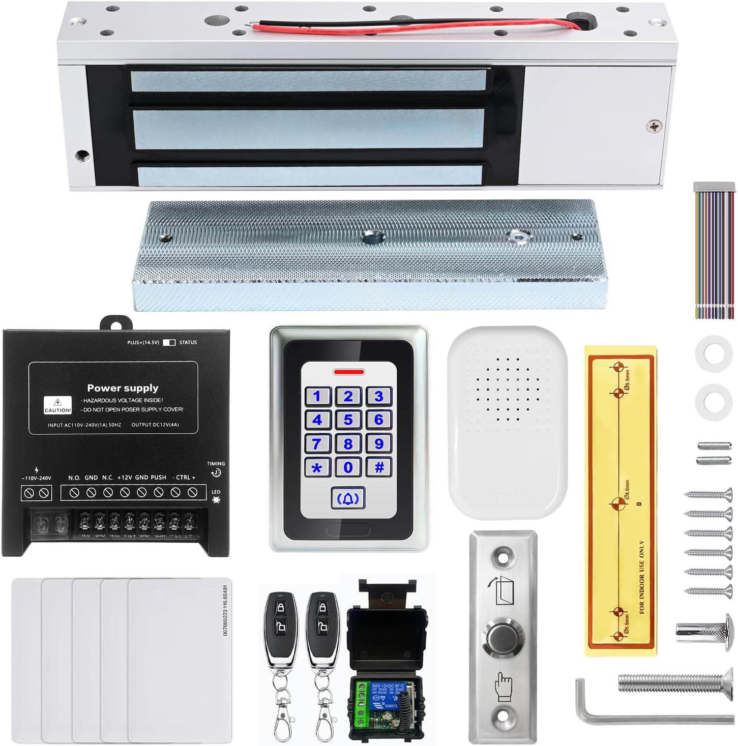 Access Control System 1200lb Electric Magnetic Door Lock Kit: RFID Keypad, Remotes, Exit Button, Close to Entry Keypad & ID Card with 110-240VAC to 12VDC Power Supply (500Kg / 1200LB Kits)