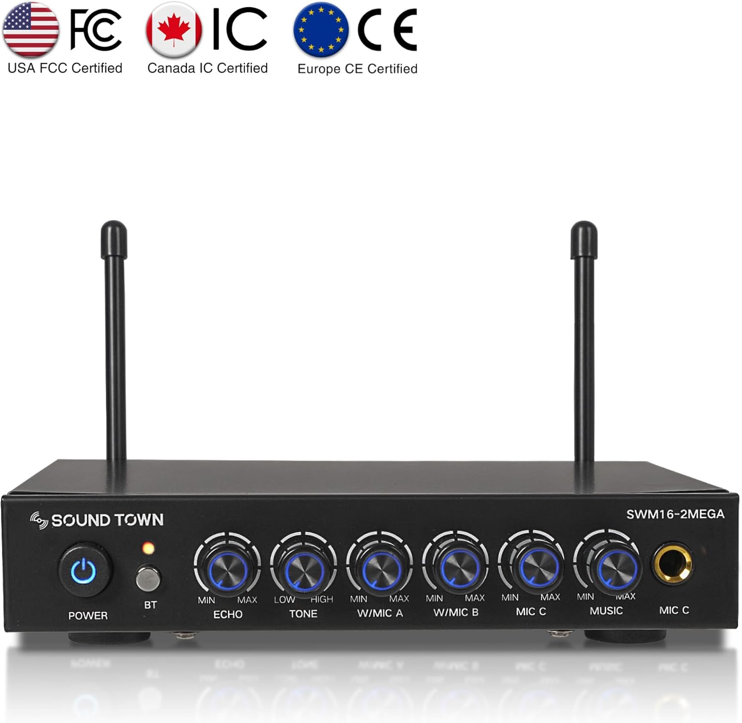 Sound Town 100 Channels Wireless Microphone Karaoke Mixer System with 2 Metal Handheld Microphones, Optical (Toslink), AUX, for Smart TV, Home Theater, Sound Bar (SWM16-2MEGA)