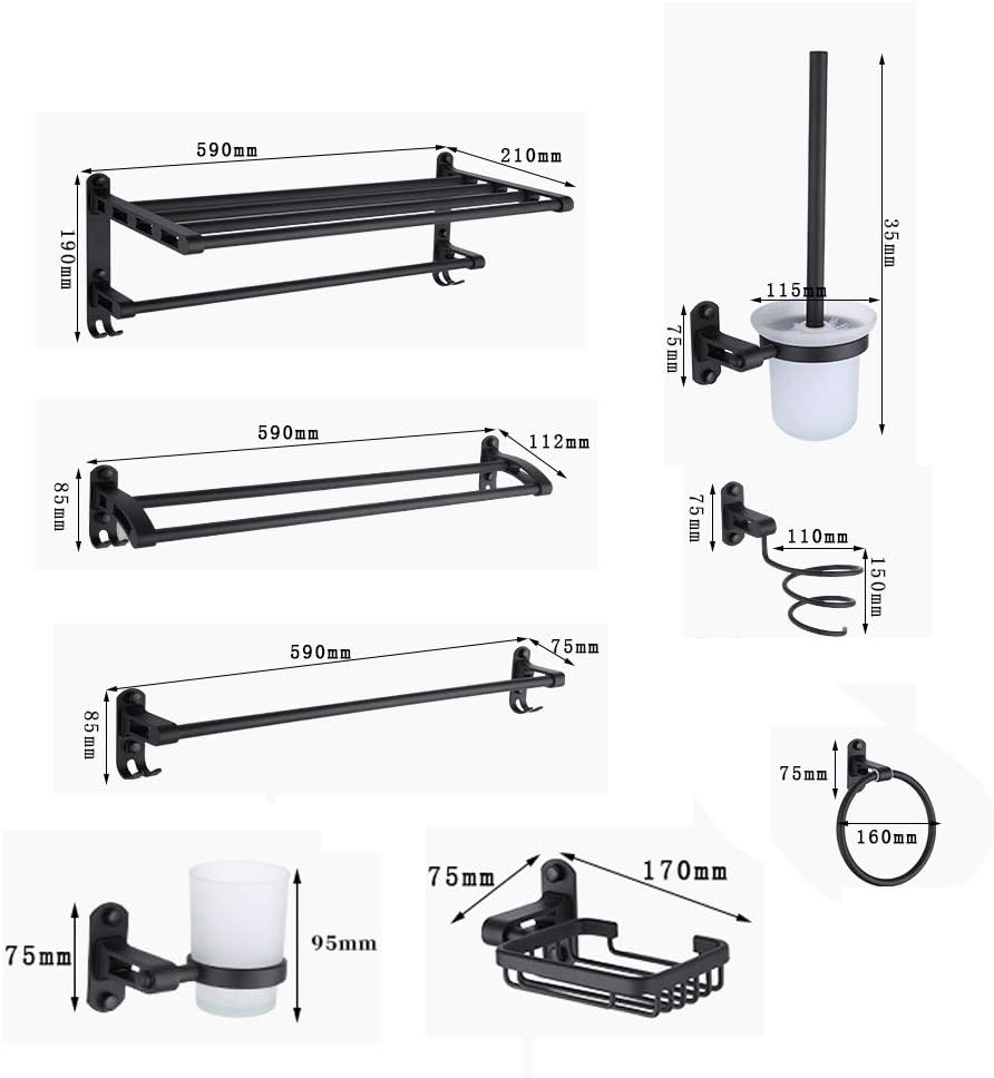 9PCS Black Space Aluminum Bathroom Storage Rack Set, Wall Mount Shower Caddy Shelf for Shampoo Towel, Corner Organizer Holder, No Drill Rustproof Accessories, Small Bath Rack Kit