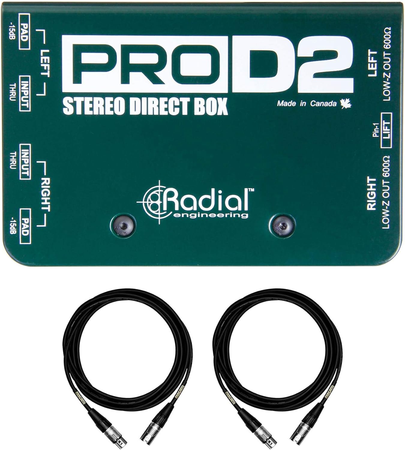 Radial Engineering ProD2 Bundle with 2 Premium 15-foot XLR Mogami Cables (3 Items)