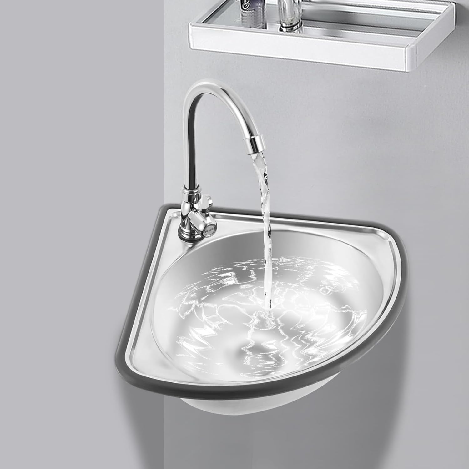 TFCFL Stainless Steel Triangular Hand Basin Sink, Wall Mount Corner Bathroom Sink, Triangle Bathroom Sink, Hand Wash Sink with Basin Faucet Drain Pipe Inlet Pipe Nail-free Adhesive, Silver