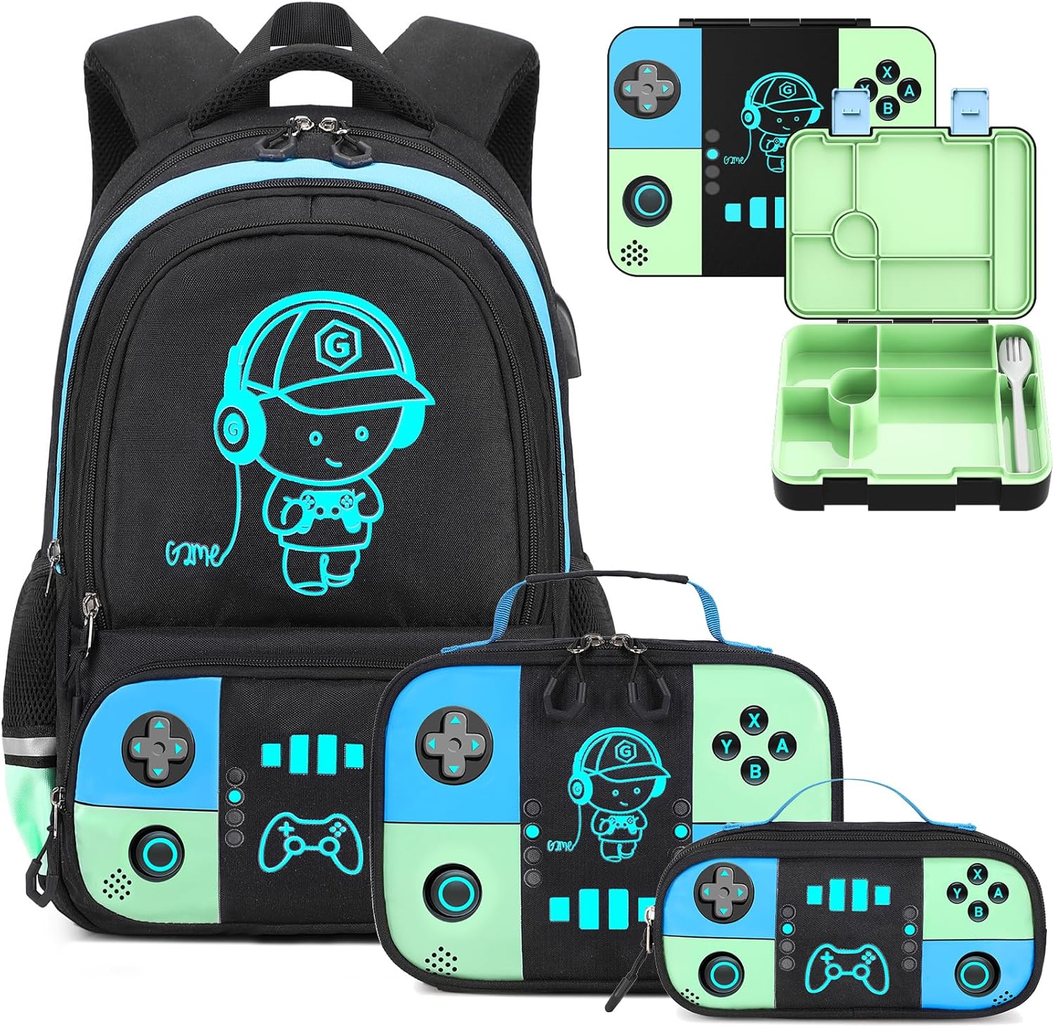Bevalsa Backpack for Boys with Bento Lunch Box Set, Cool Luminous Gamer Boys Backpack Bookbag for Kid, 43oz Lunch Containers Lunchbox, Lunch Bag & Pencial Case, Back To School Gift (Green Blue)