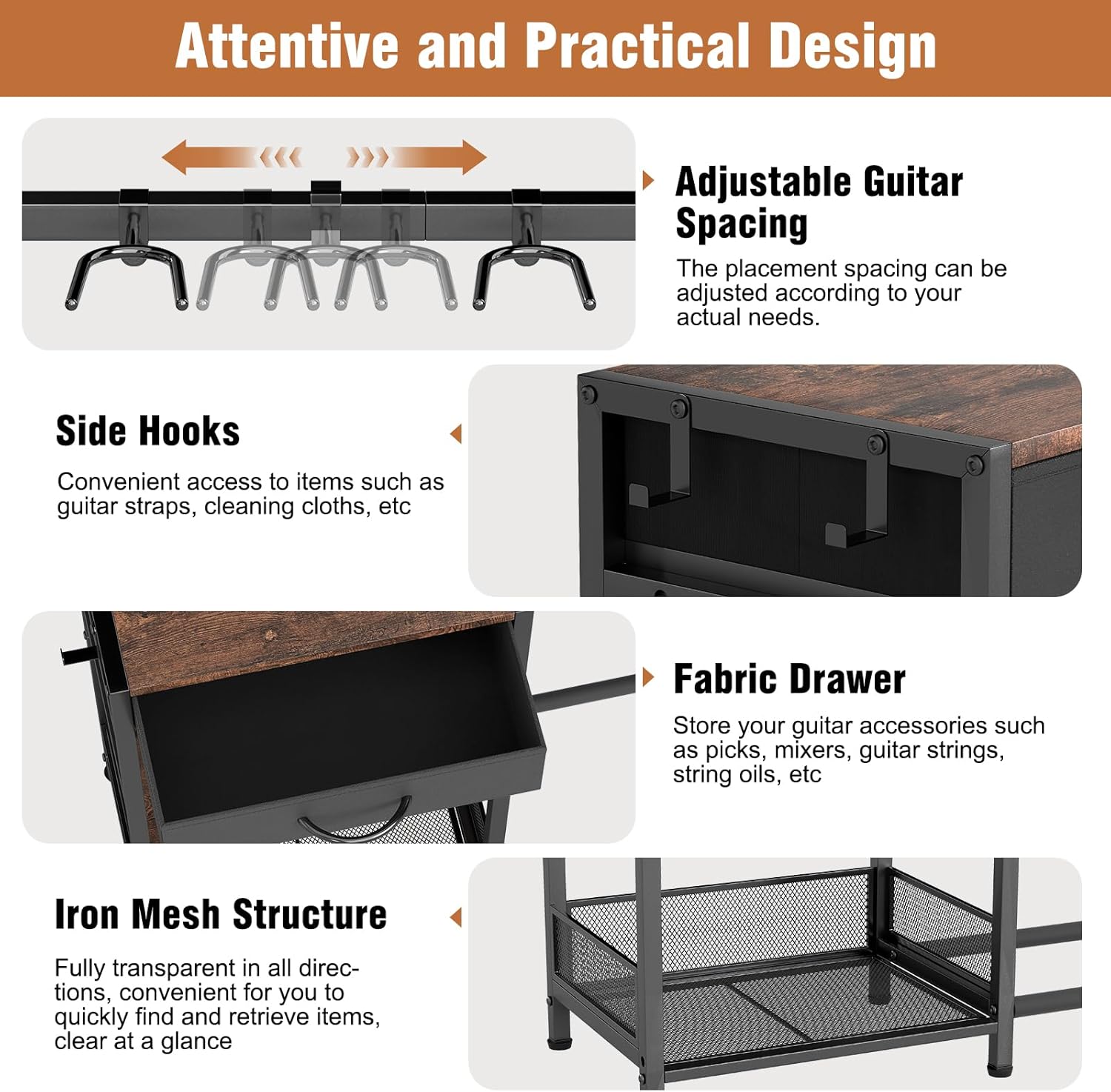 Guitar Stand Rack, 6-Slot Floor Standing Guitar Display Holder, Heavy-Duty Storage Display Rack for Multiple Electric & Acoustic Guitars, Space Saving for Home Studio