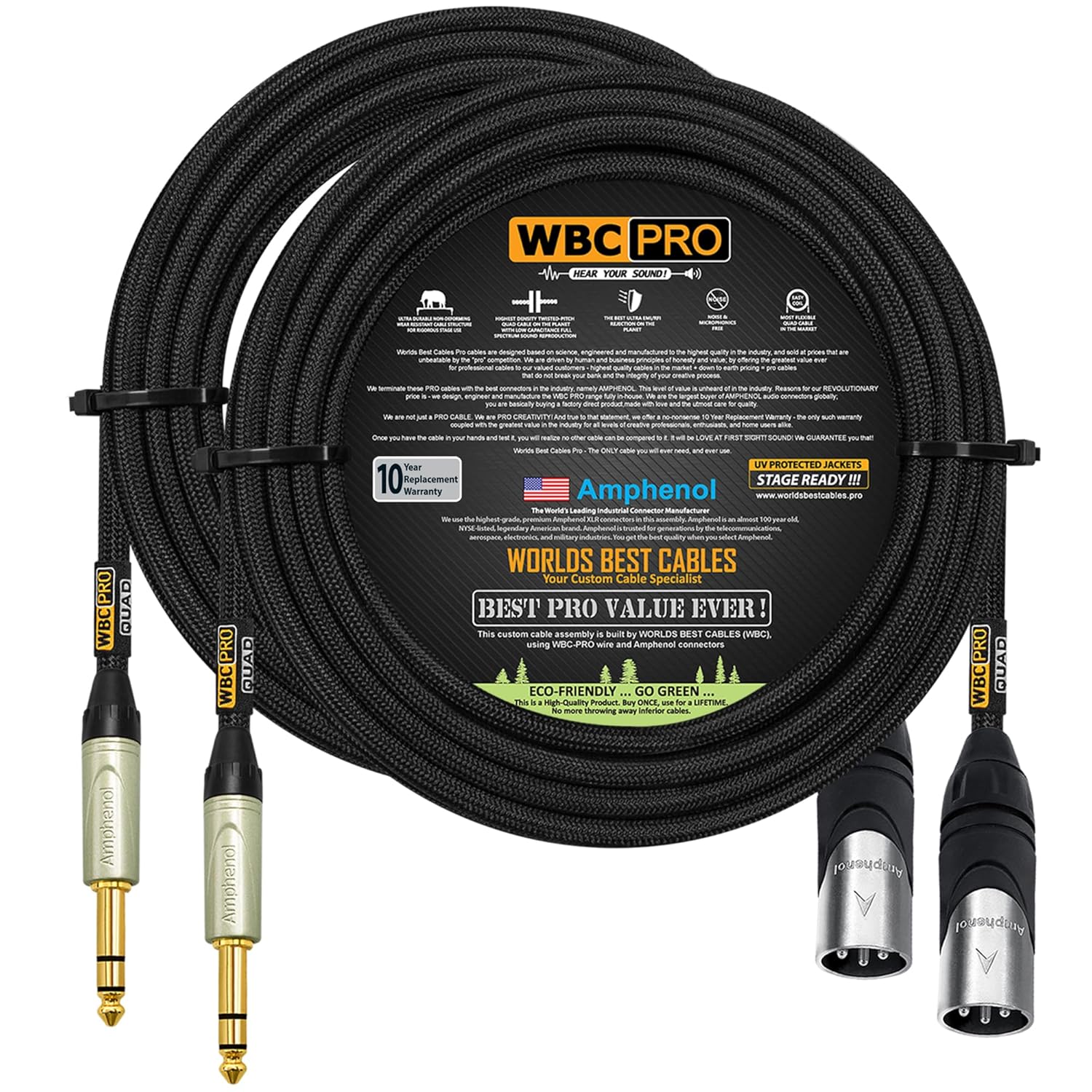 2 Units - 50 Foot - WBC-PRO-Quad Ultra-Silent Ultra-Flexible Balanced Star-Quad XLR to TRS Cable with Amphenol AX3M Male XLR & QS3P-AU Straight TRS Stereo Phone Plugs - Black Tweed Jacket