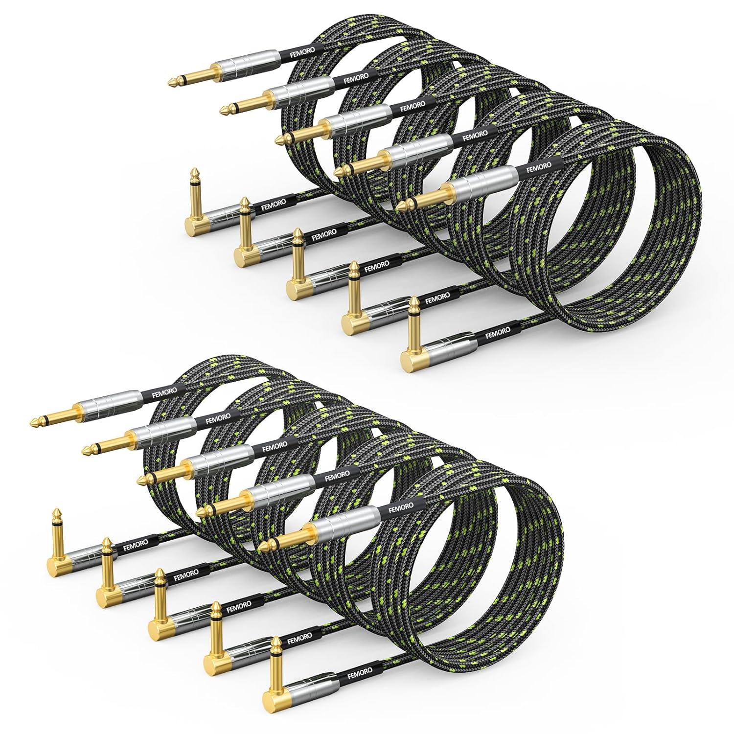 FEMORO Guitar Cable 10 ft 10-Pack, Instrument Cord TS 1/4 Inch Audio 22AWG Chord 6.35MM Right Angle Support Guitar Amp/Stereo Mixer/Audio Interface/Guitar Pedal