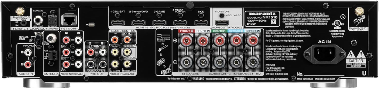 Marantz NR1510 UHD AV Receiver – Slim 5.2 Channel Home Theater Amplifier, Dolby TrueHD and DTS-HD Master Audio | Alexa Compatible | Stream Music via Wi-Fi, Bluetooth and HEOS Black