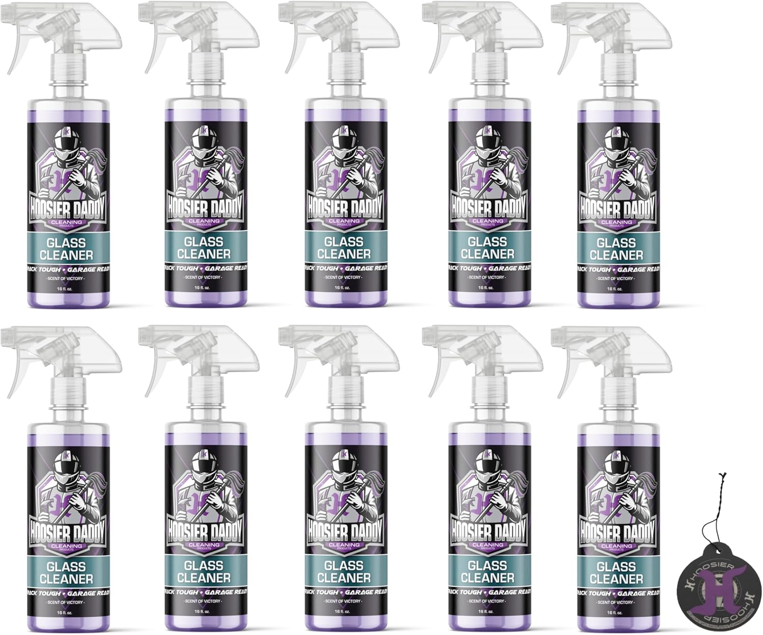 Hoosier Daddy 16oz Glass Cleaner - Streak-Free Formula for Crystal Clear Windows, Mirrors, and Glass Surfaces, Easy Spray for Multi-Use on Cars, Trucks, SUV, House, and More + Air Freshener (10-Pack)