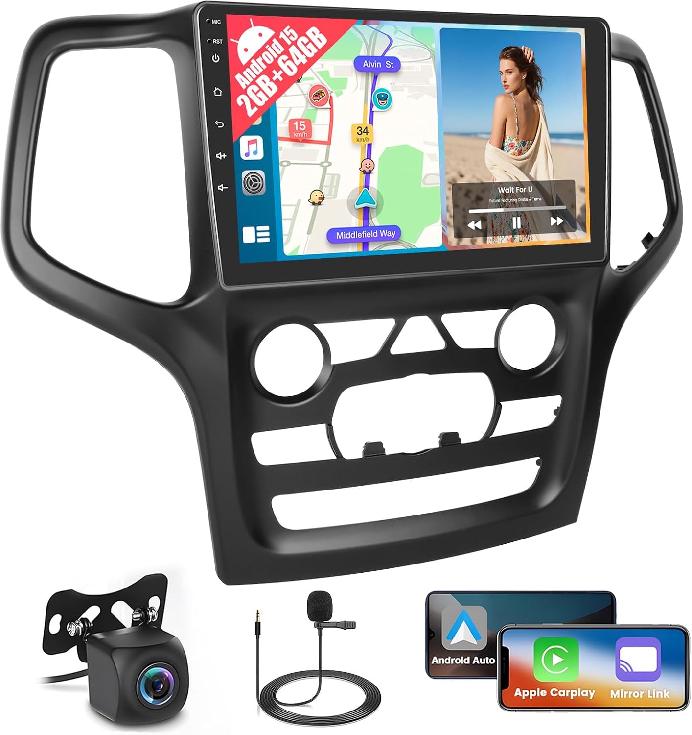 2+64GB Android 15 Car Radio for Jeep Grand Cherokee 2014-2020 Wireless CarPlay Android Auto, 9 Inch Touch Screen for Grand Cherokee Car Stereo with WiFi GPS Bluetooth EQ 26UI Backup Camera