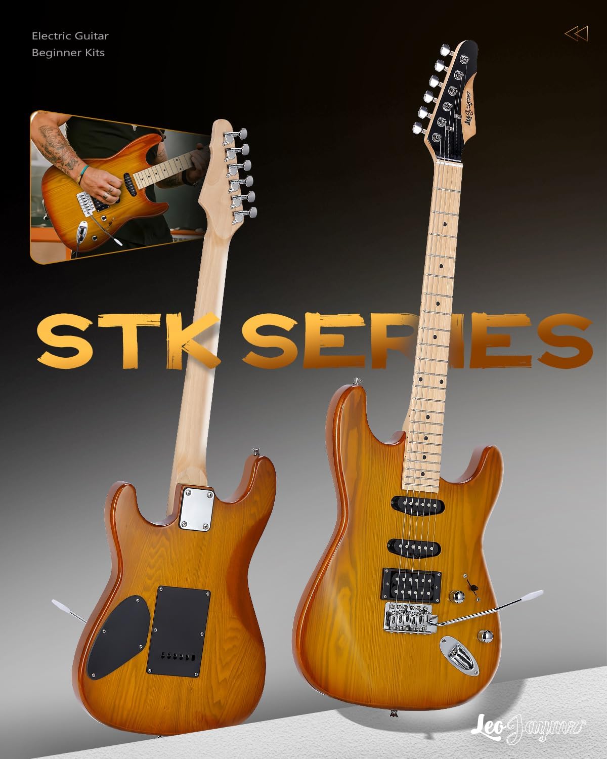 Leo Jaymz 39 Inch Full Size Electric Guitar Kit Electric Guitar Beginner Kits - Portable Amp,Digital Tuner,Gig Bag,Strap,Cable (Vinatage Sunburst)