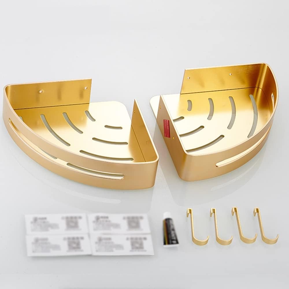 Shower shelf corner,corner shower caddy,Shower Shelf Racks Bathroom Corner Gold Shelf, Shower Caddy with Two Hooks, Self Adhesive Wall Mount with Screws Storage Shelves Triangle Baskets Shower Caddy(2